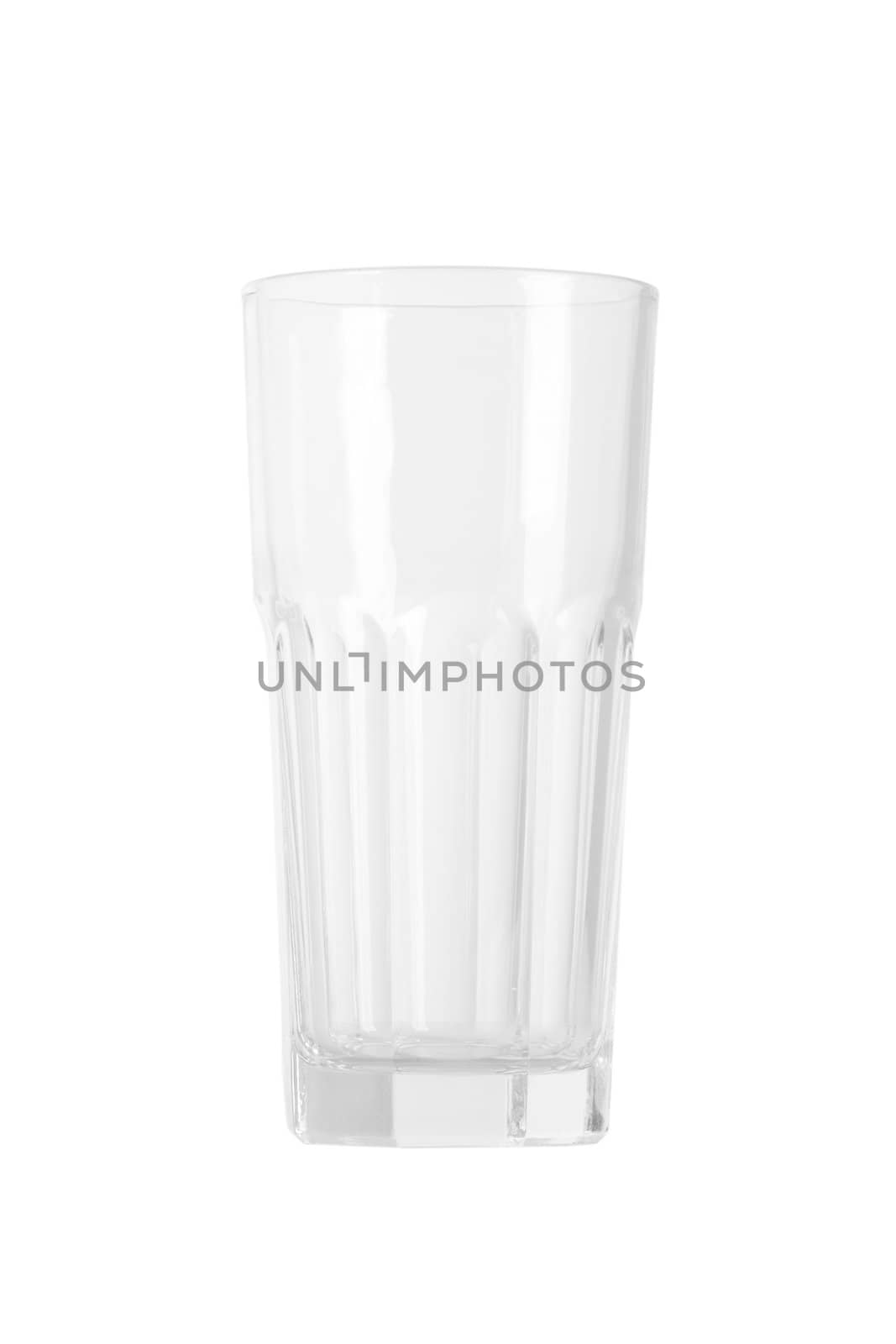 front view of empty water glass on white background