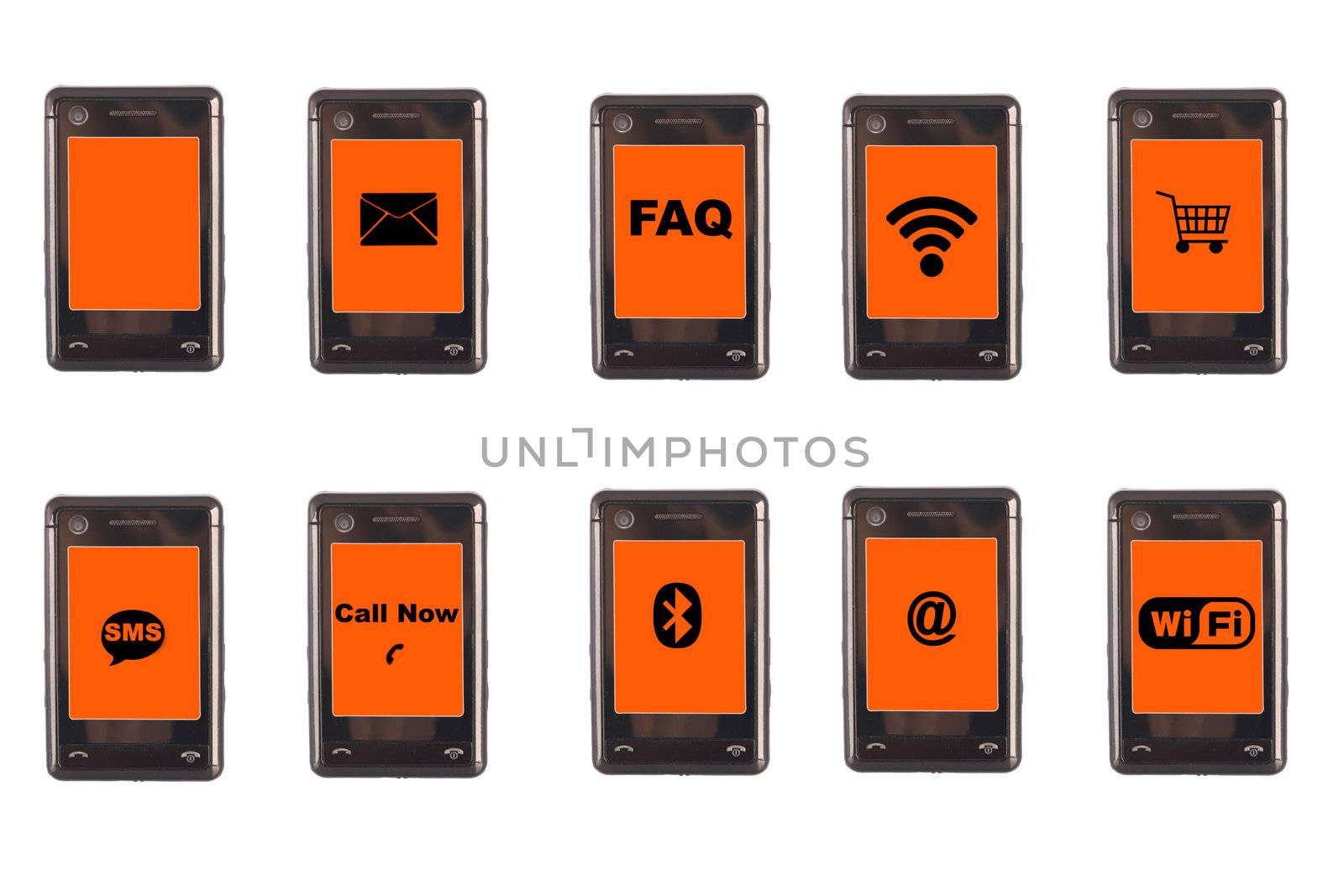 touchpad telephone with different symbols: sms, mail, faq, wireless, shopping, bluetooth, wi-fi