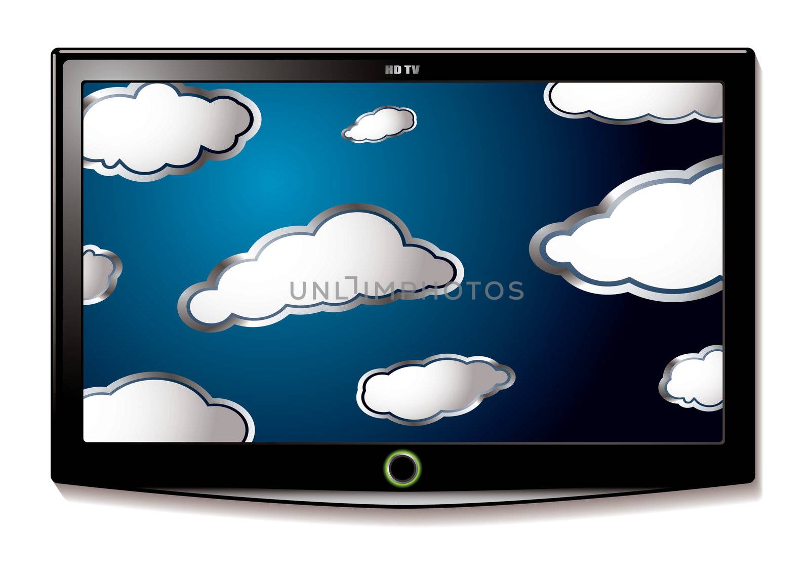 Modern LCD television with flat screen and blue sky with clouds