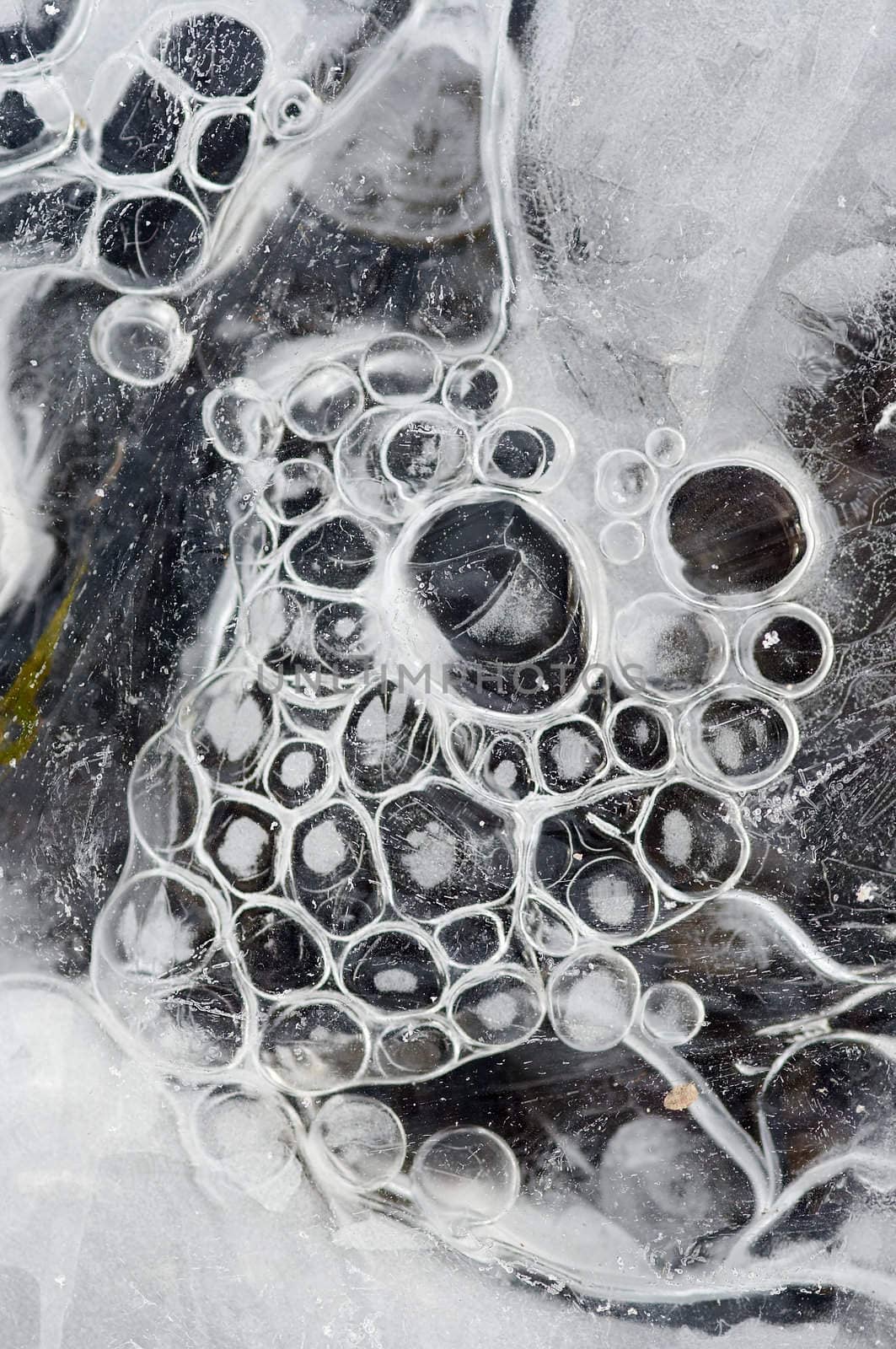 Close-up of the texture of ice - frostbound air bubble