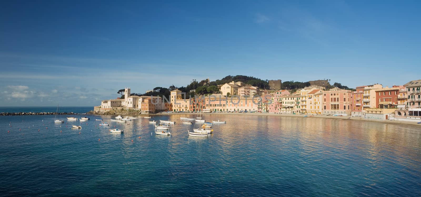 Panoramic view of Baia del Silenzio in Sestri Levante, famous small town in Mediterranean sea, Liguria, Italy