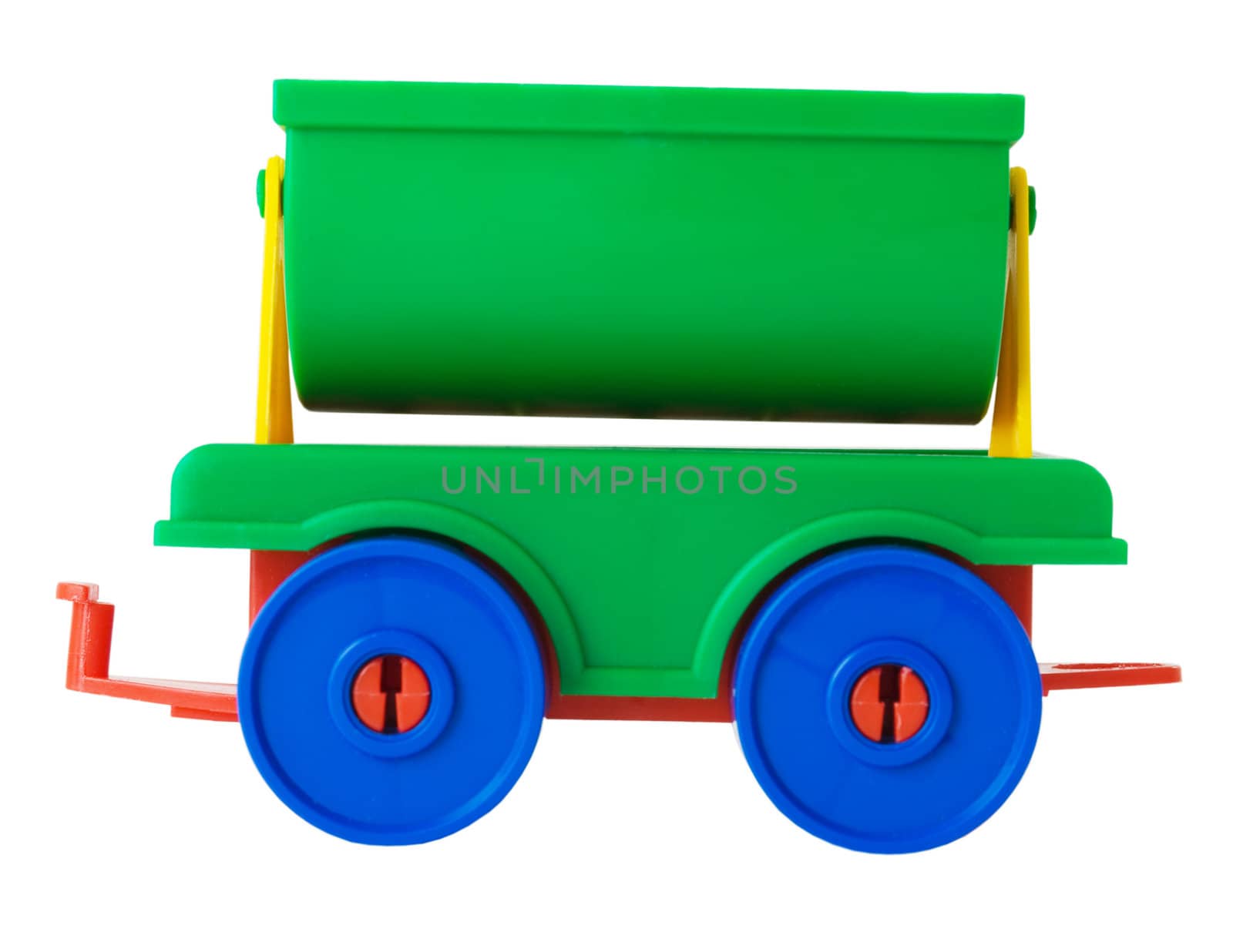 Toy green plastic carriage on the white background