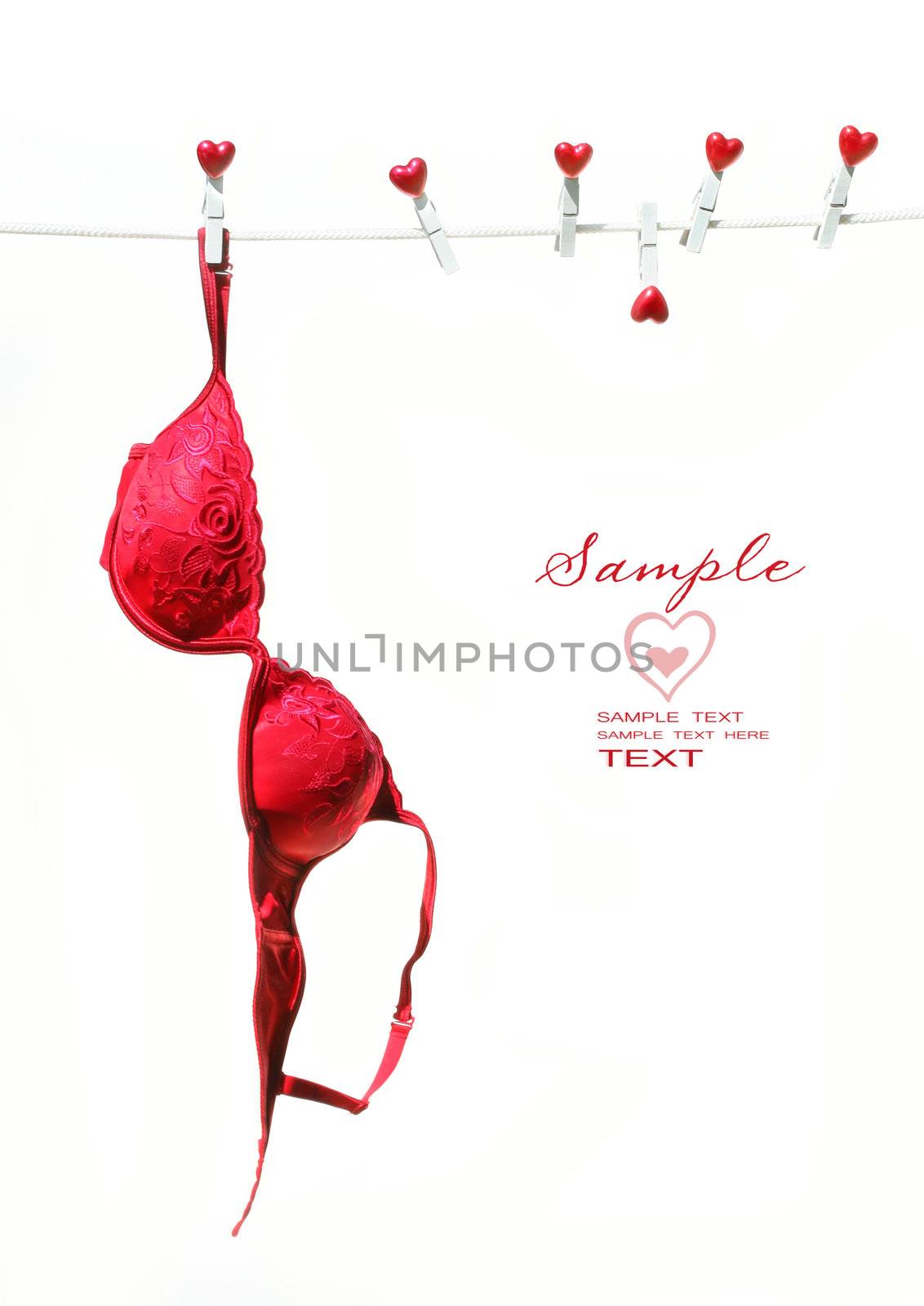 Red brassierre hanging on clothesline with white background