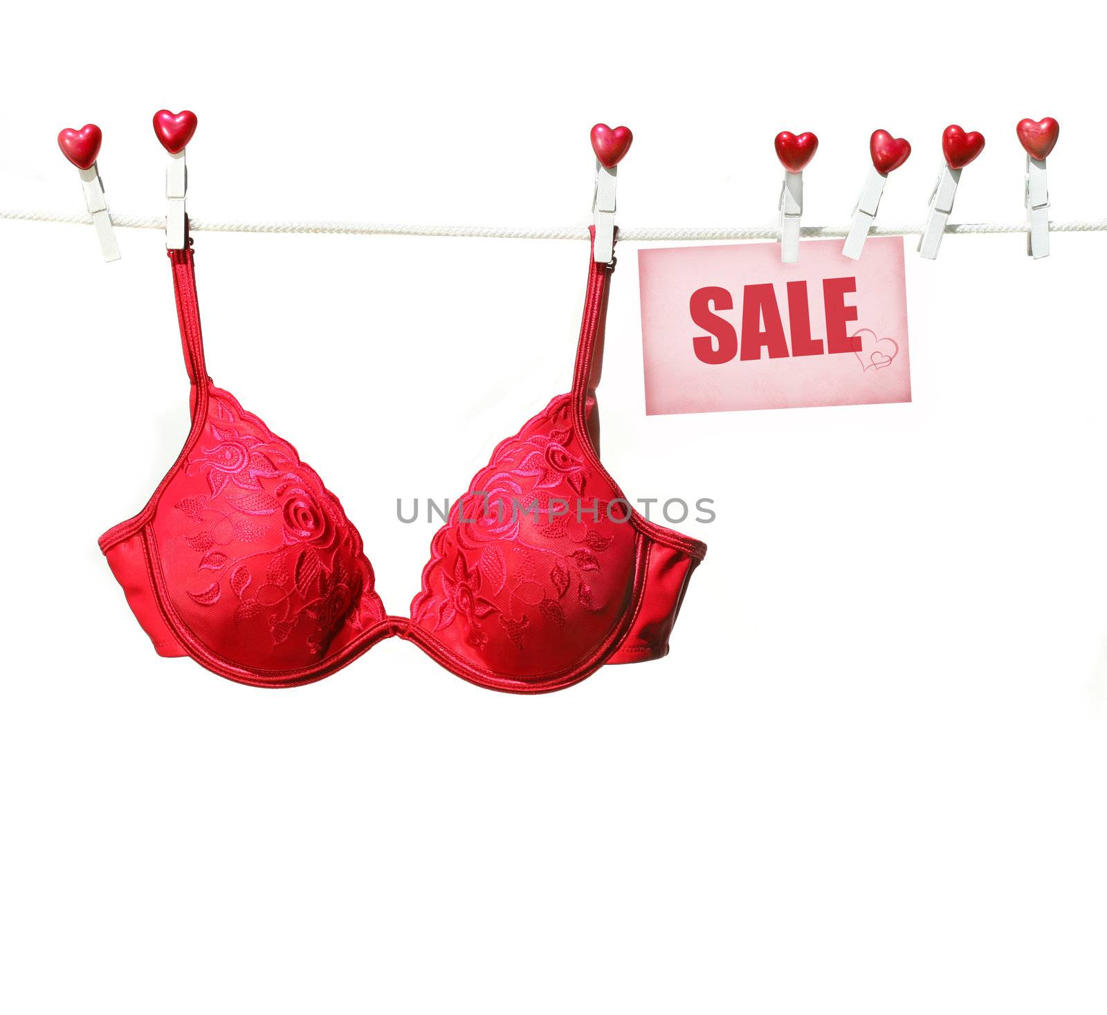 Fancy red bra hanging on clothesline with white background