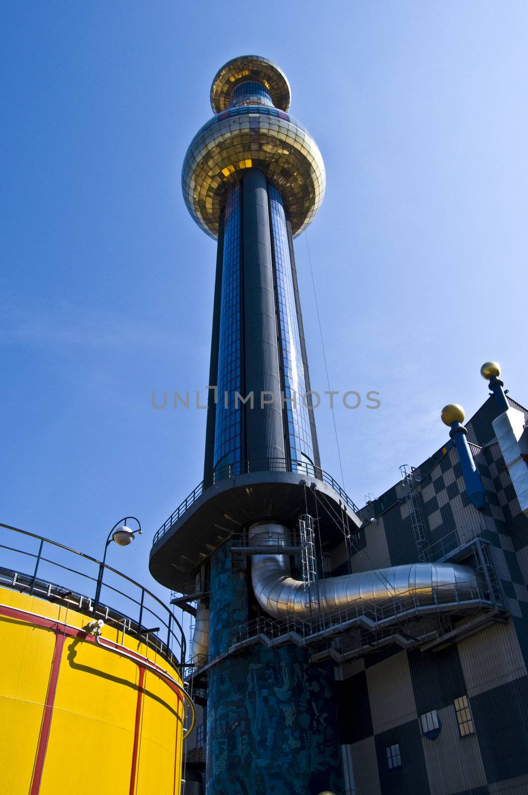 detail of the colorful community heating plant designed by Hundertwasser in Vienna