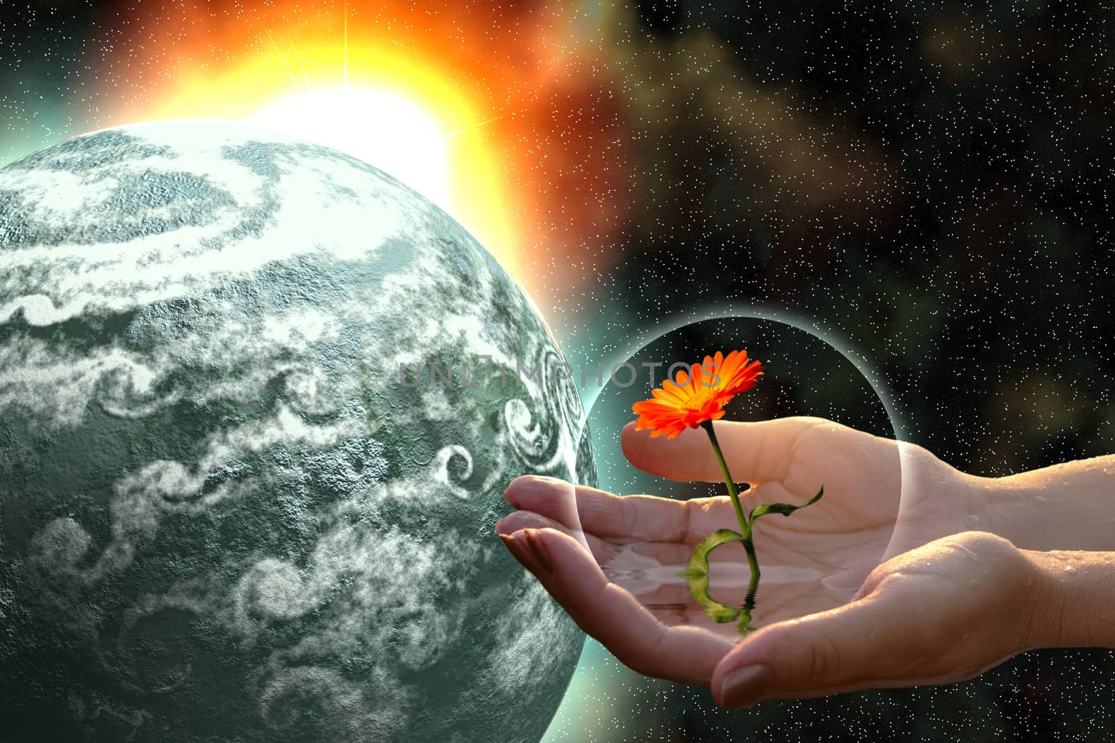 woman hands giving flower to grey planet in open cosmos