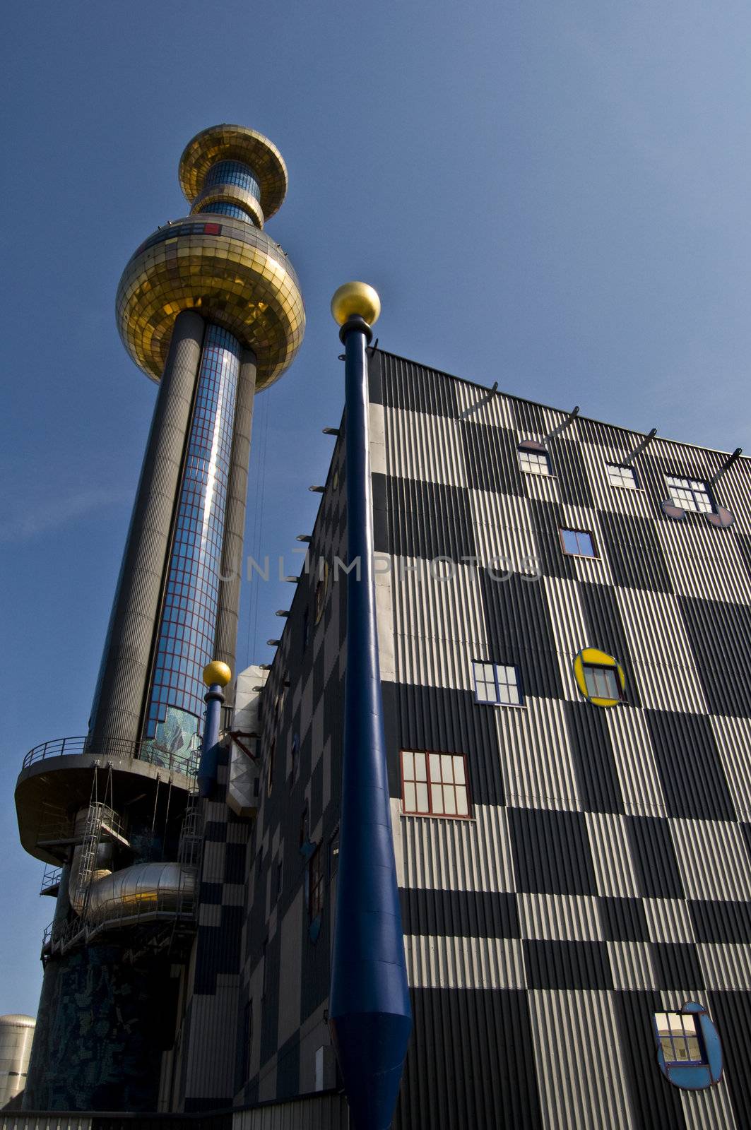 detail of the colorful community heating plant designed by Hundertwasser in Vienna