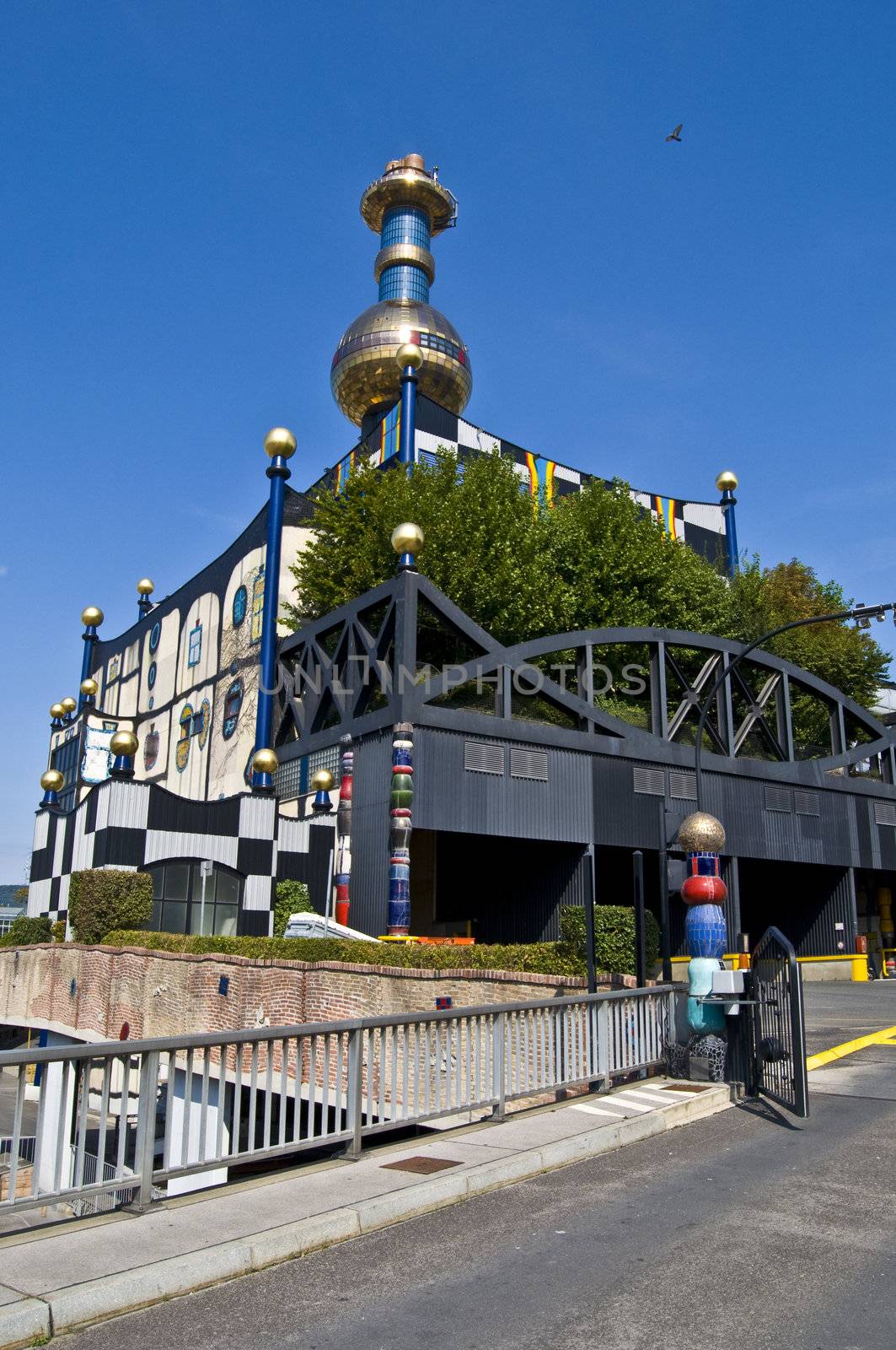 detail of the colorful community heating plant designed by Hundertwasser in Vienna