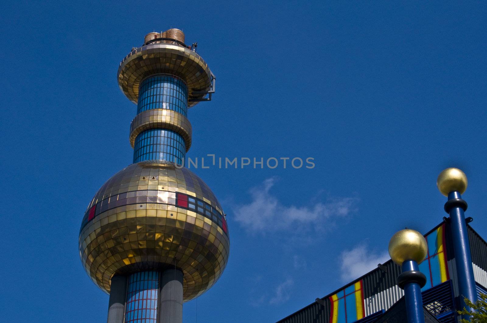 detail of the colorful community heating plant designed by Hundertwasser in Vienna