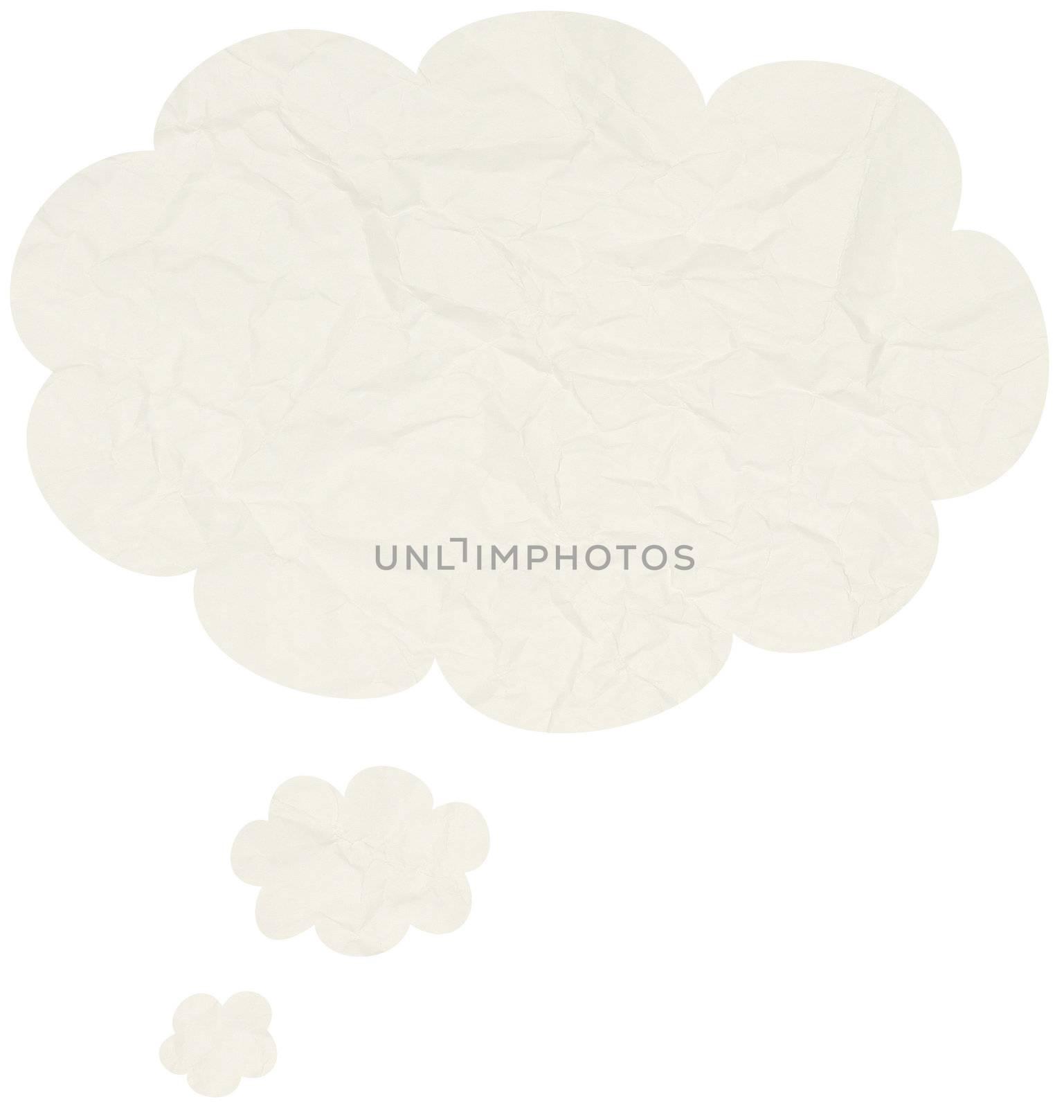 Crumpled comic thought bubble isolated in white