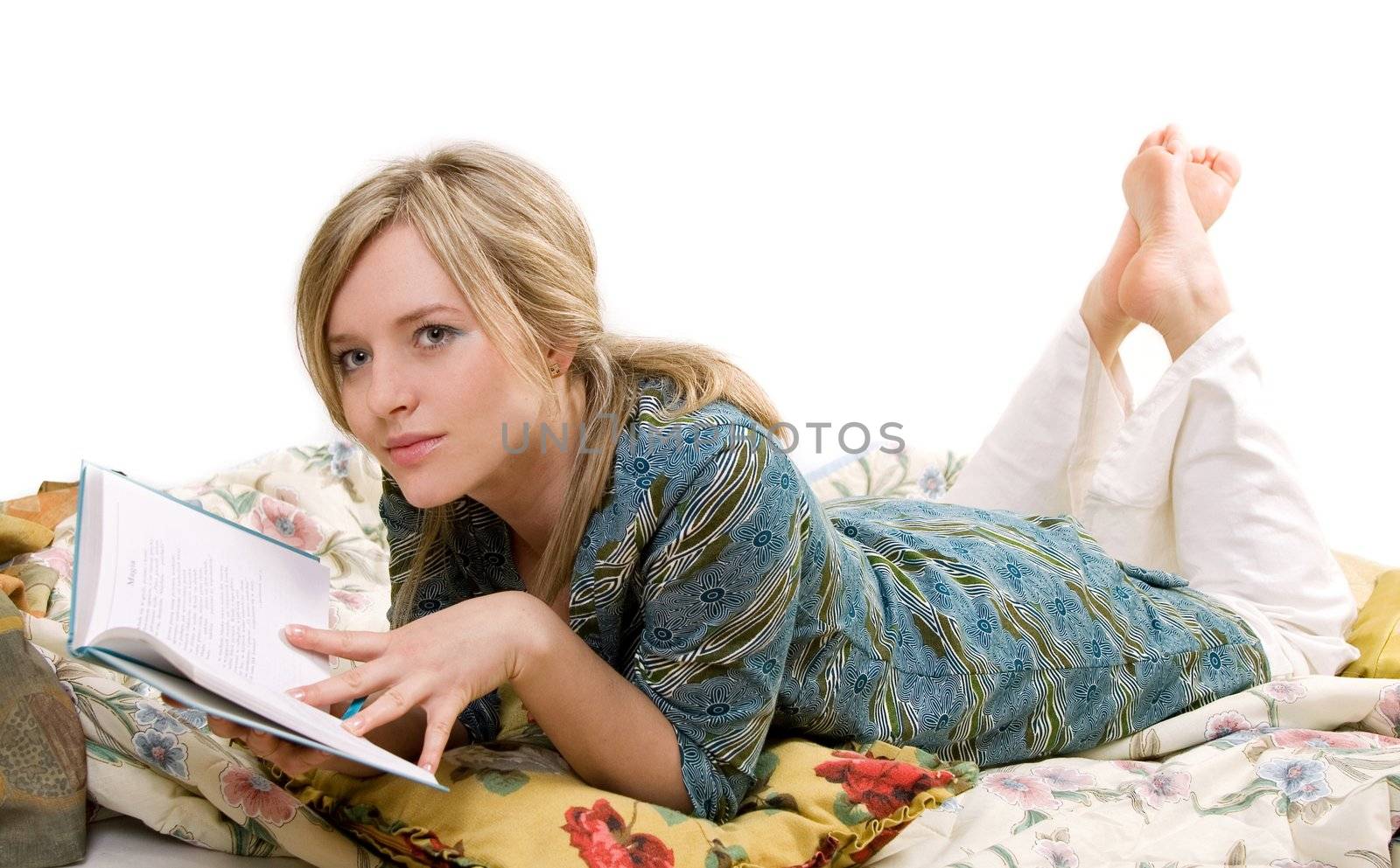 woman is reading book, separate on white