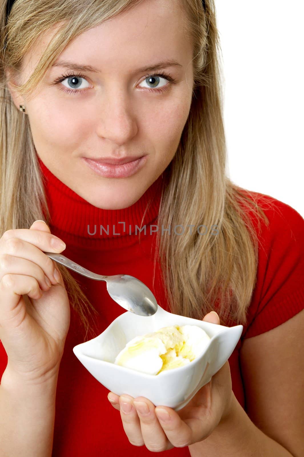 beautiful girl eating ice cream, separate on white