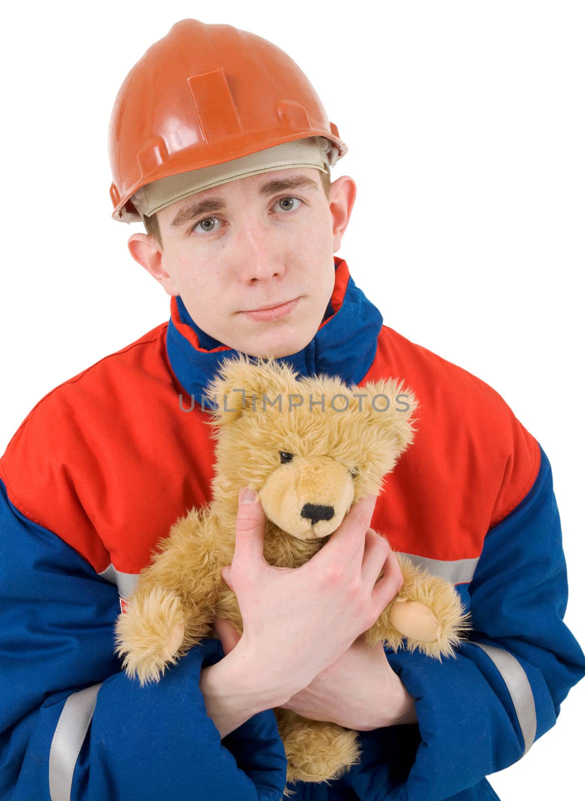 Man in worker to cloth and helmet with toy bear in hand
