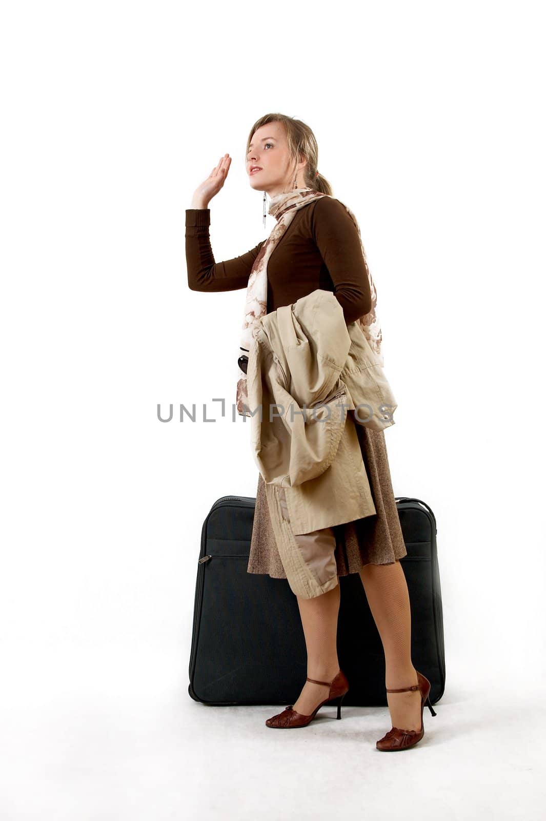 beauty woman with huge bag is standing on station, separate on white