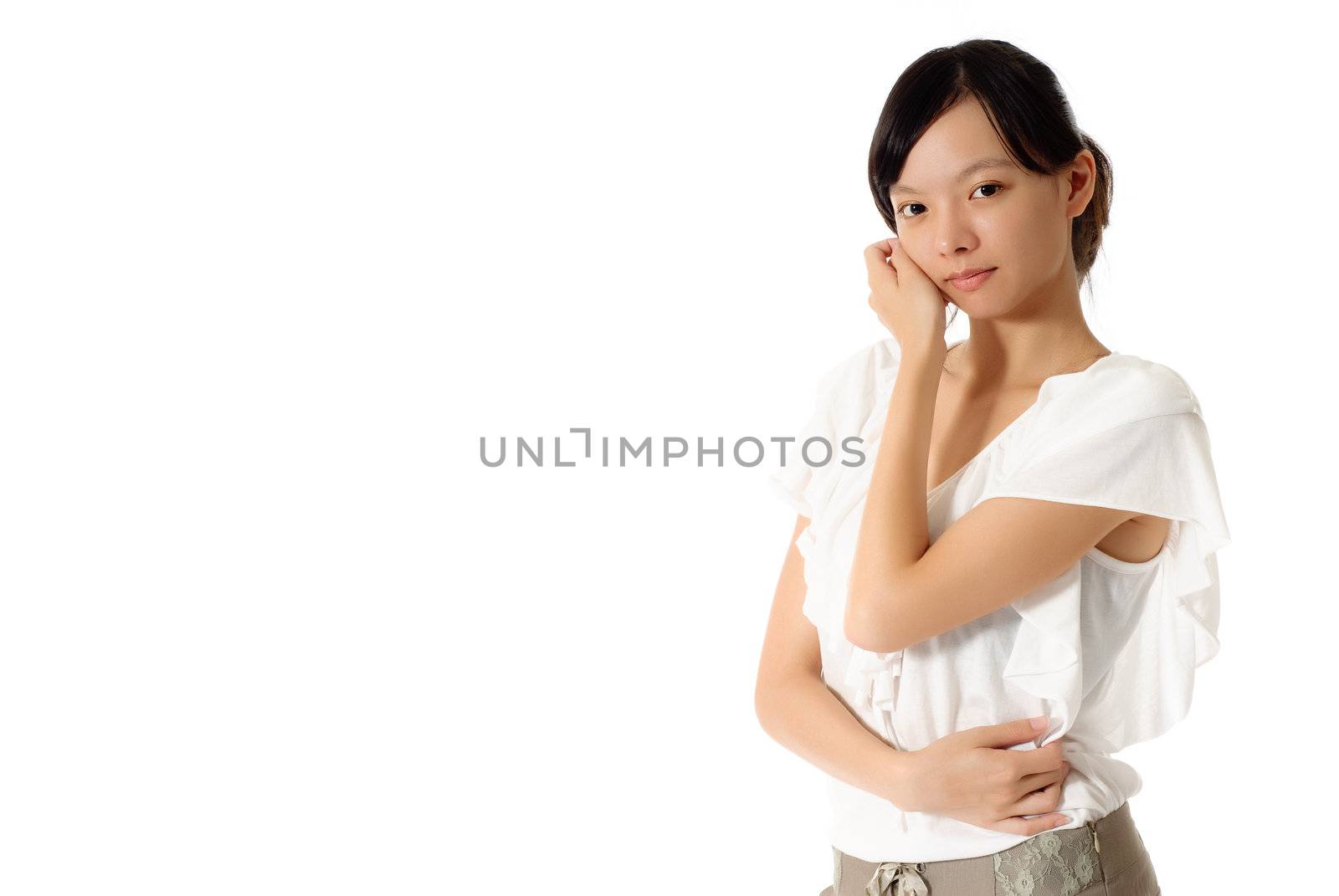 Beautiful woman of Asian, closeup portrait with copyspace on white.