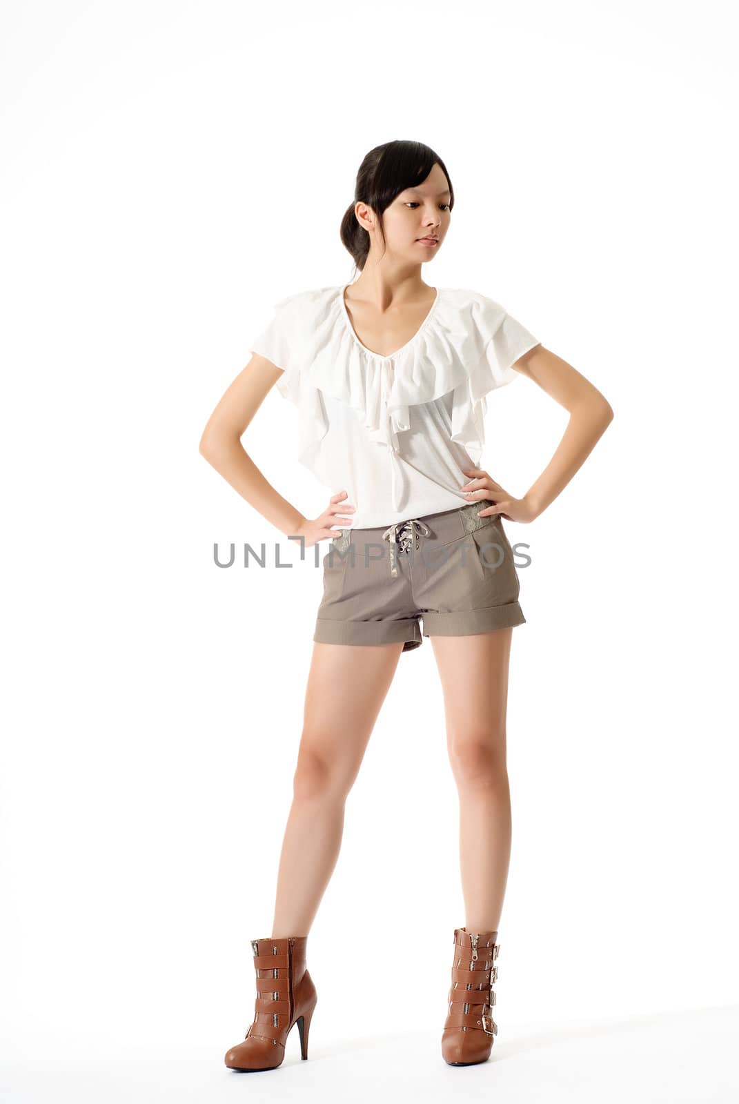 Full length portrait of Asian modern lady standing against on white background.