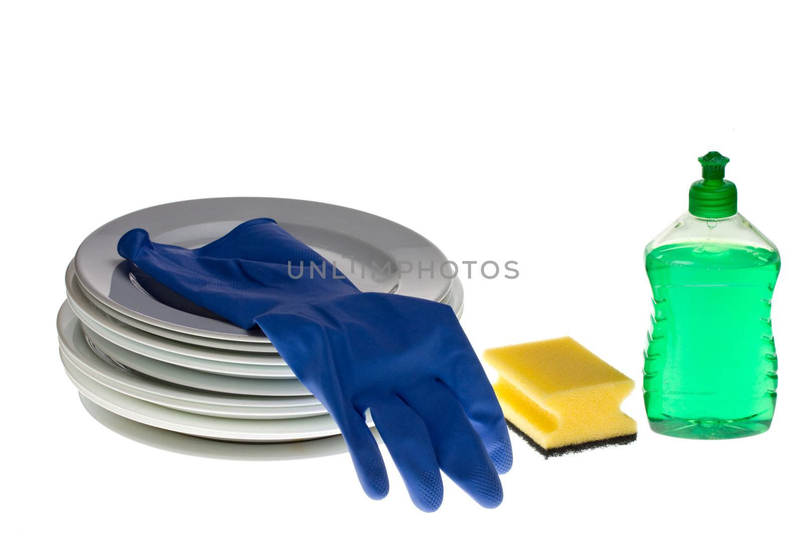 dinnerware and cleaning utensils isolated on white background by bernjuer