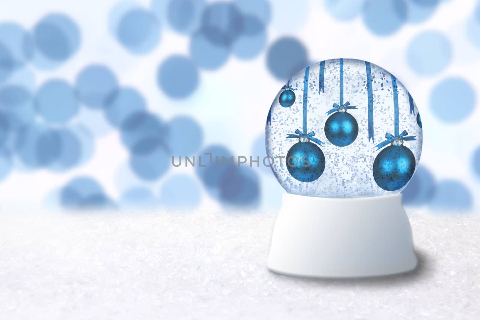 Christmas Snow Globe With Blue Holiday Bulbs on Abstract Background. Insert Your Own Image or Text