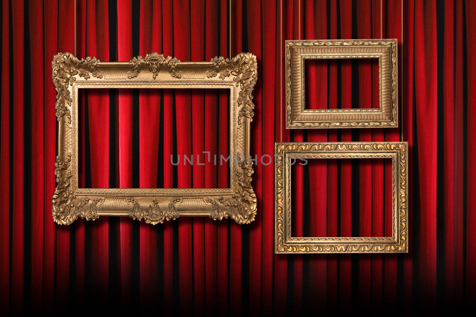 Red Stage Theater Curtains With 3 Hanging Gold Frames