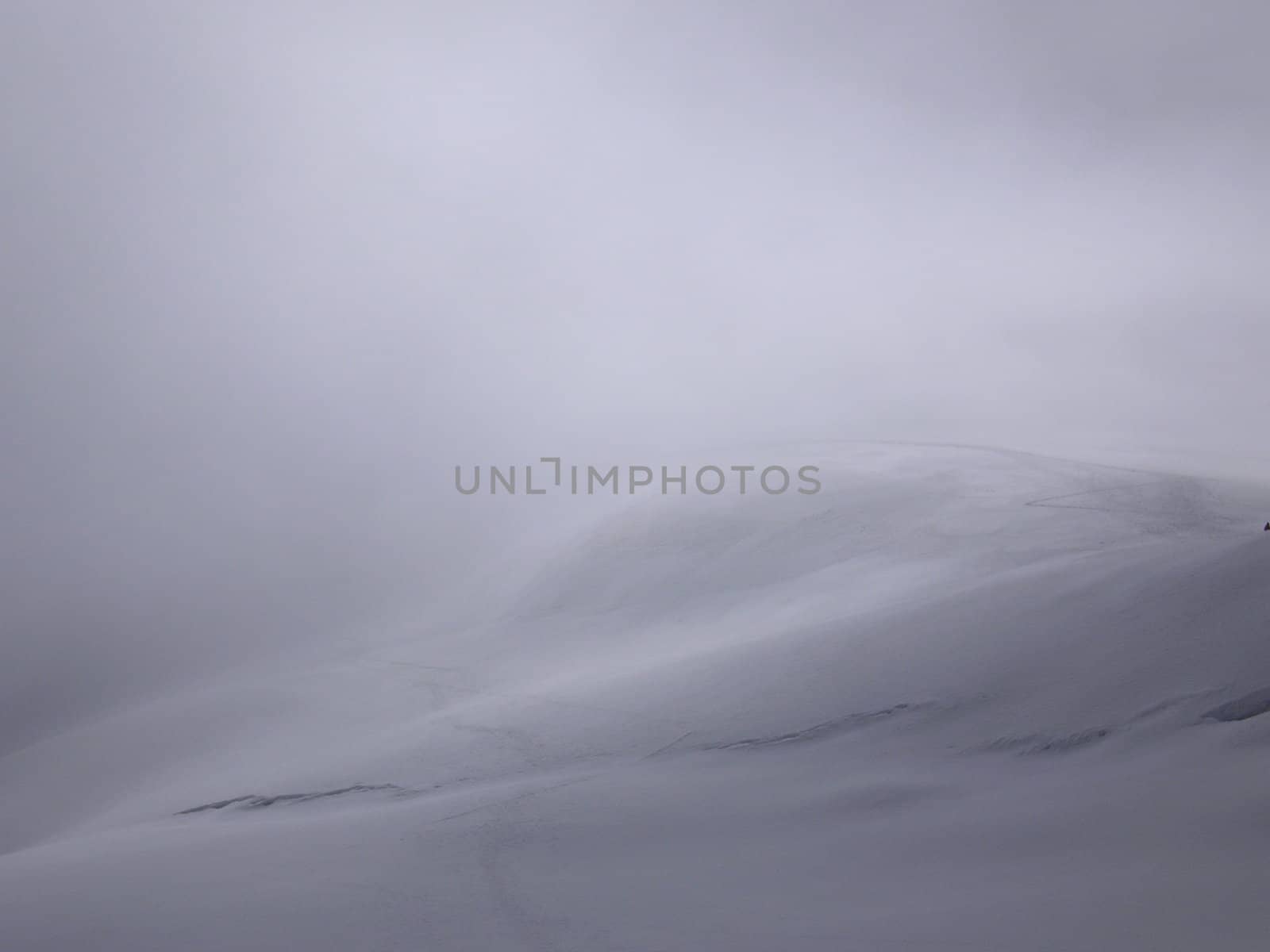 into the fog on trift glacier