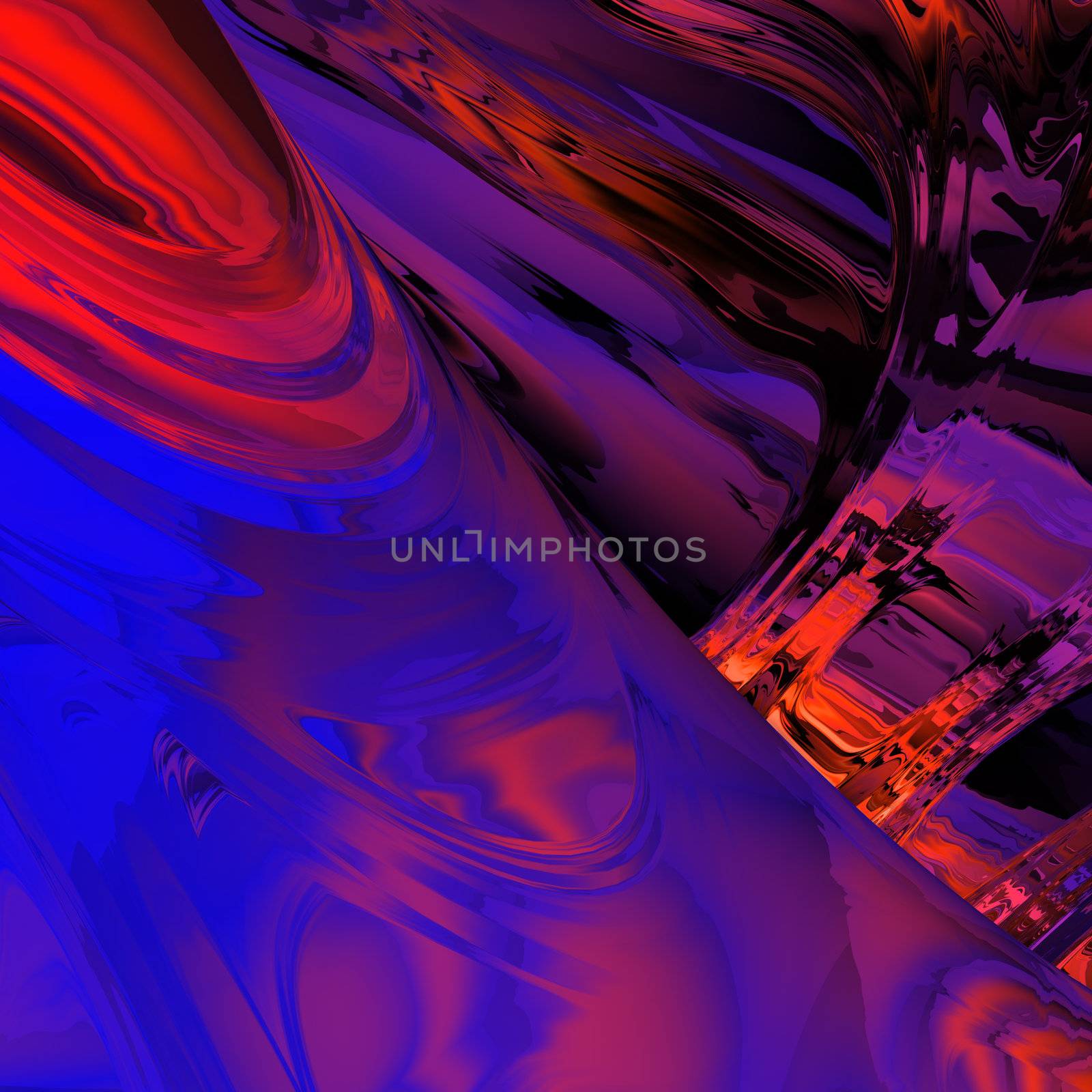 Abstract background composed of cool and warm abstract swirls of red and blue fading to purple and then black.