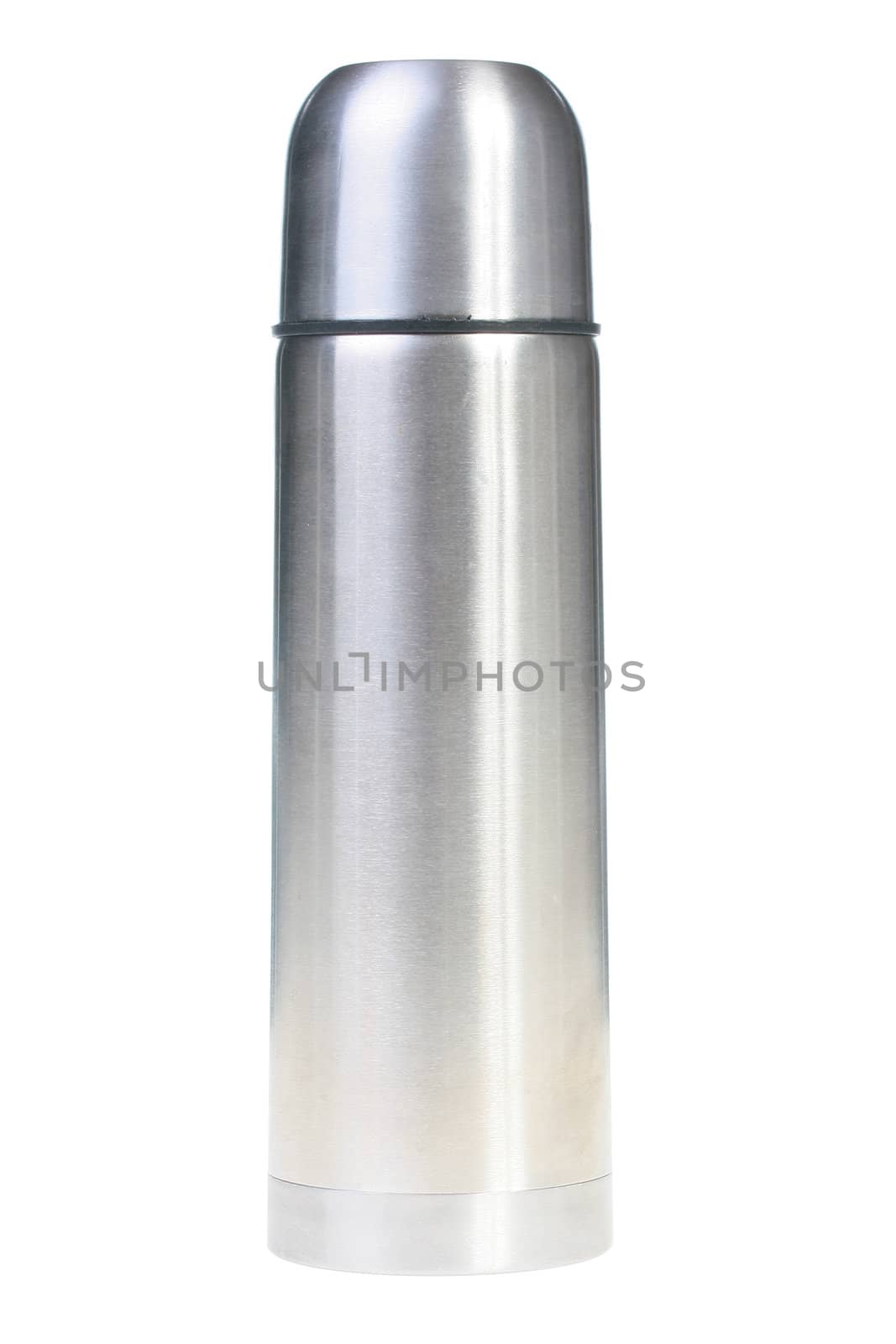 Metal thermos for preservation of a hot or cold liquid on a white background.