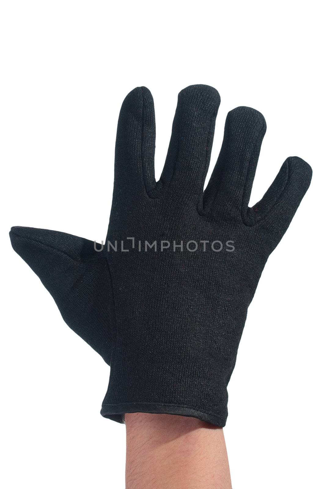 Man's hand in a black glove made of cloth, a background white.