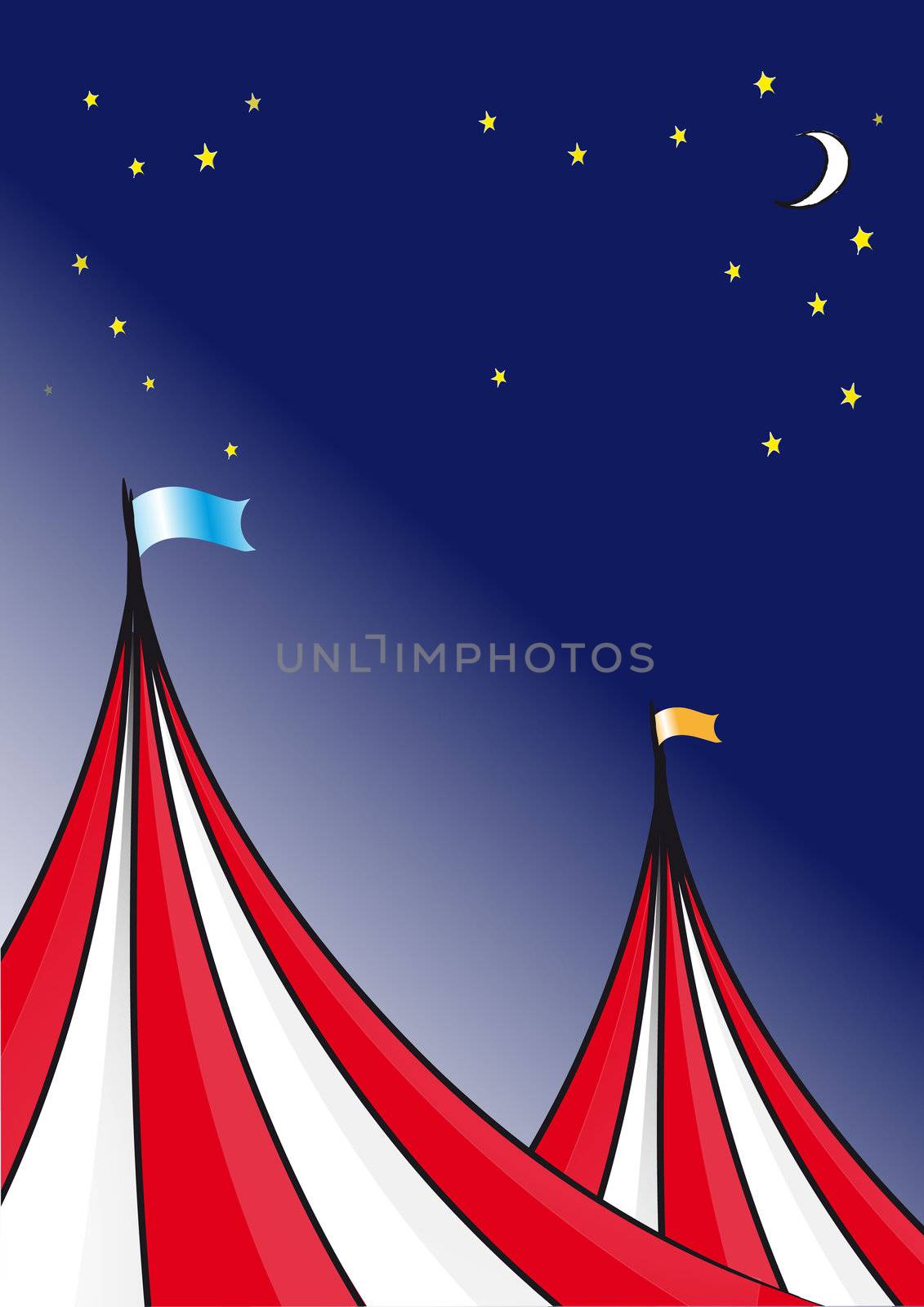 Circus tent background and a night sky with stars and moon.