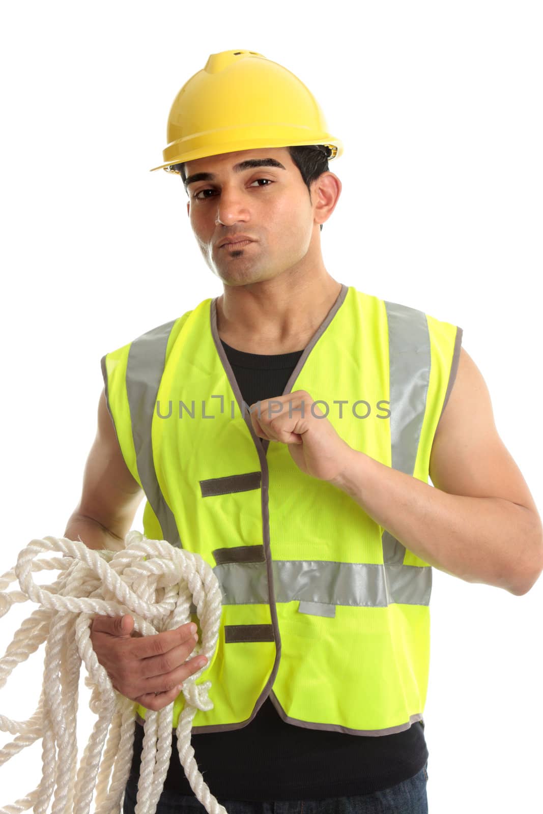 A male construction worker, builder, etc wearing protective clothing.