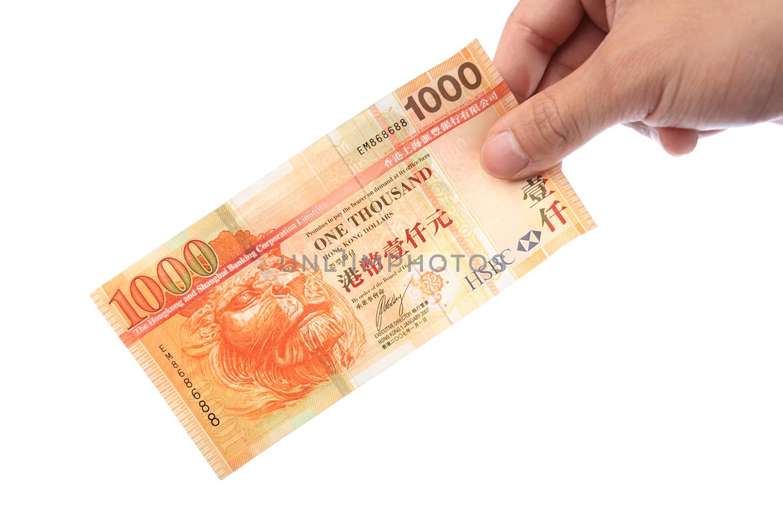 Banknote in hand, Hong Kong $1000 banknote