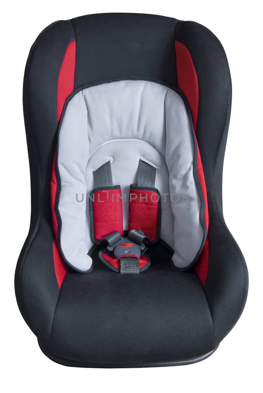 Dark children's car seat with red parts. Front view. Isolated on white background