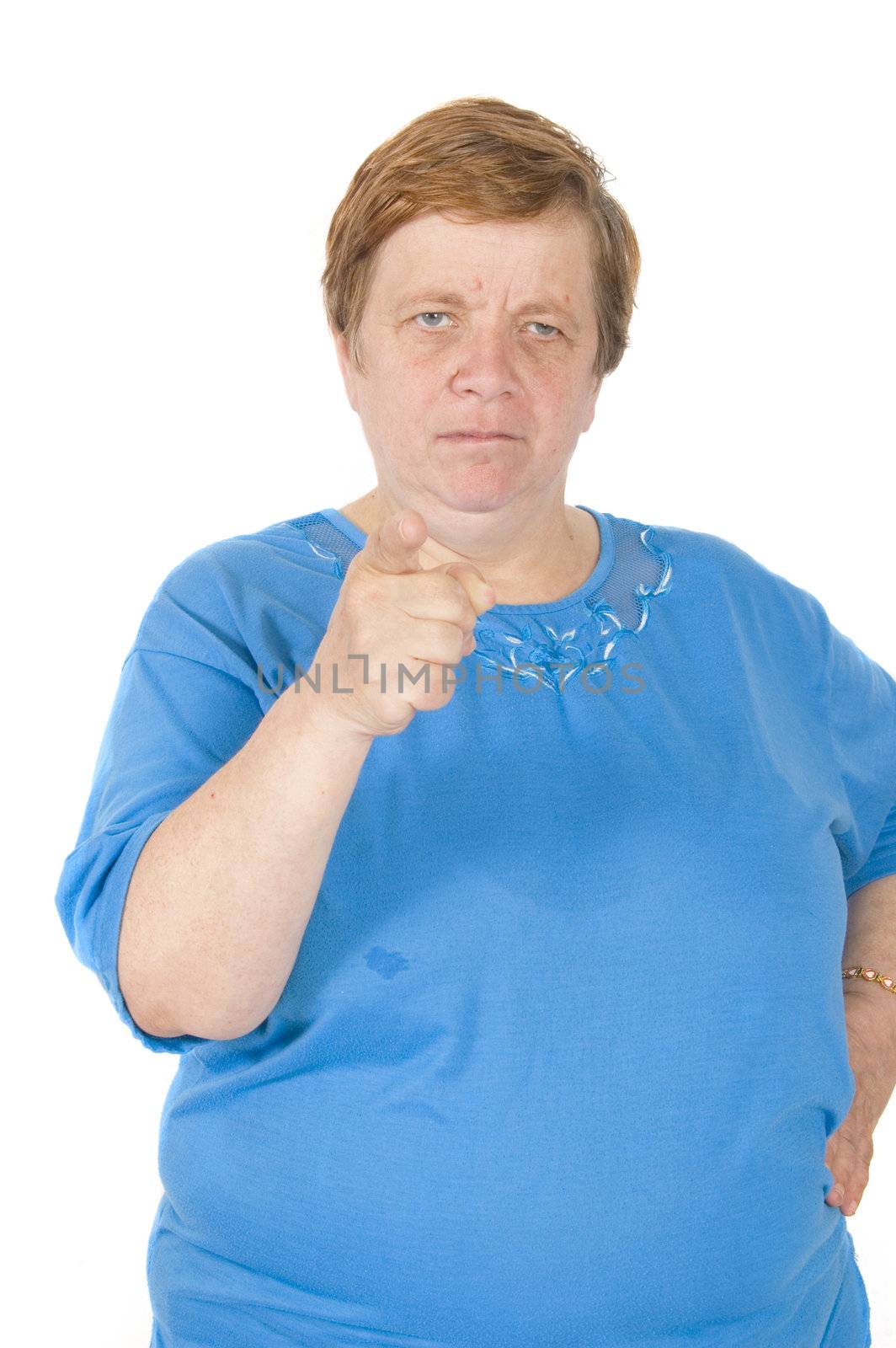 angry elderly woman is pointing at you on white