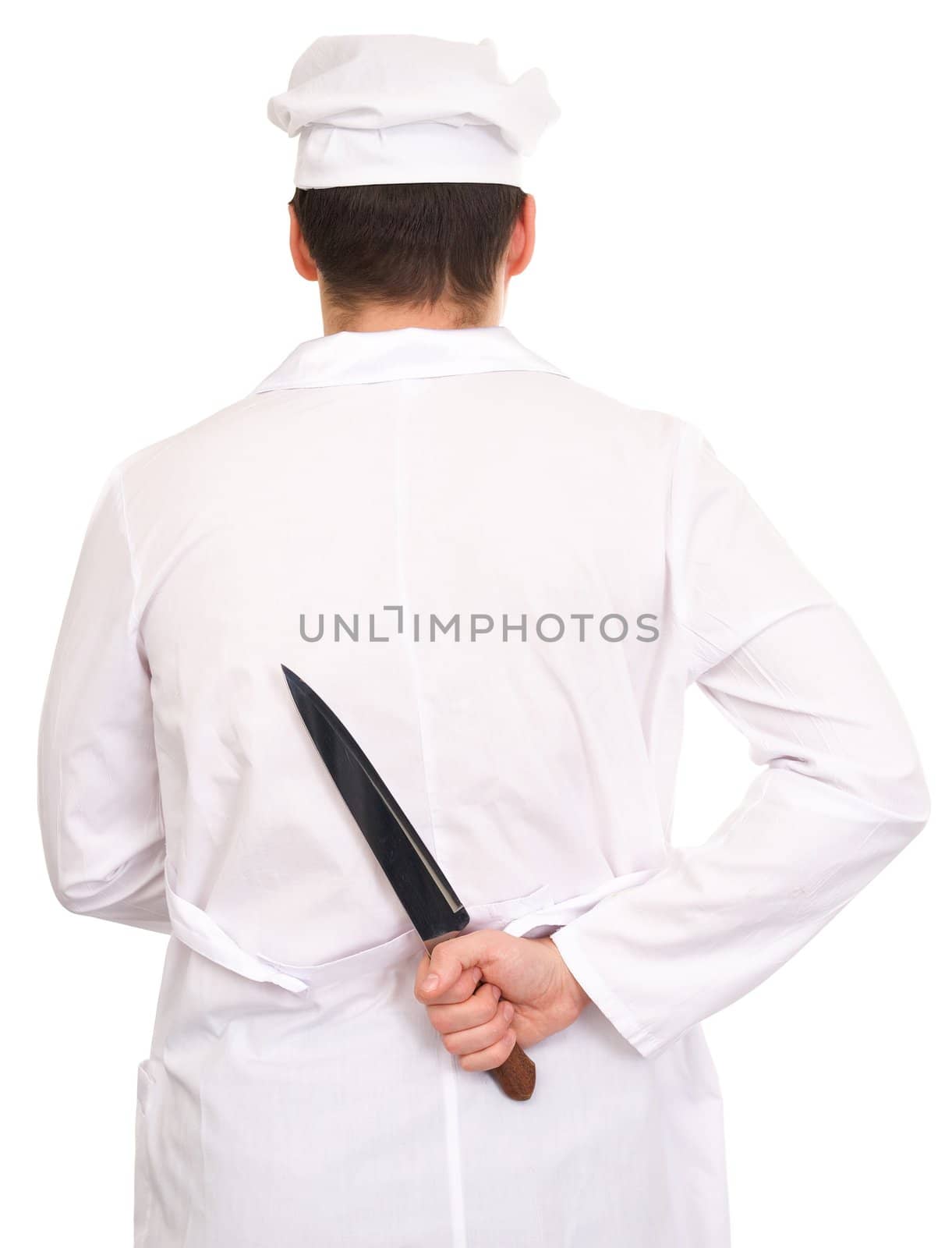 Cook in a white dressing-gown holding in a hand kitchen knife