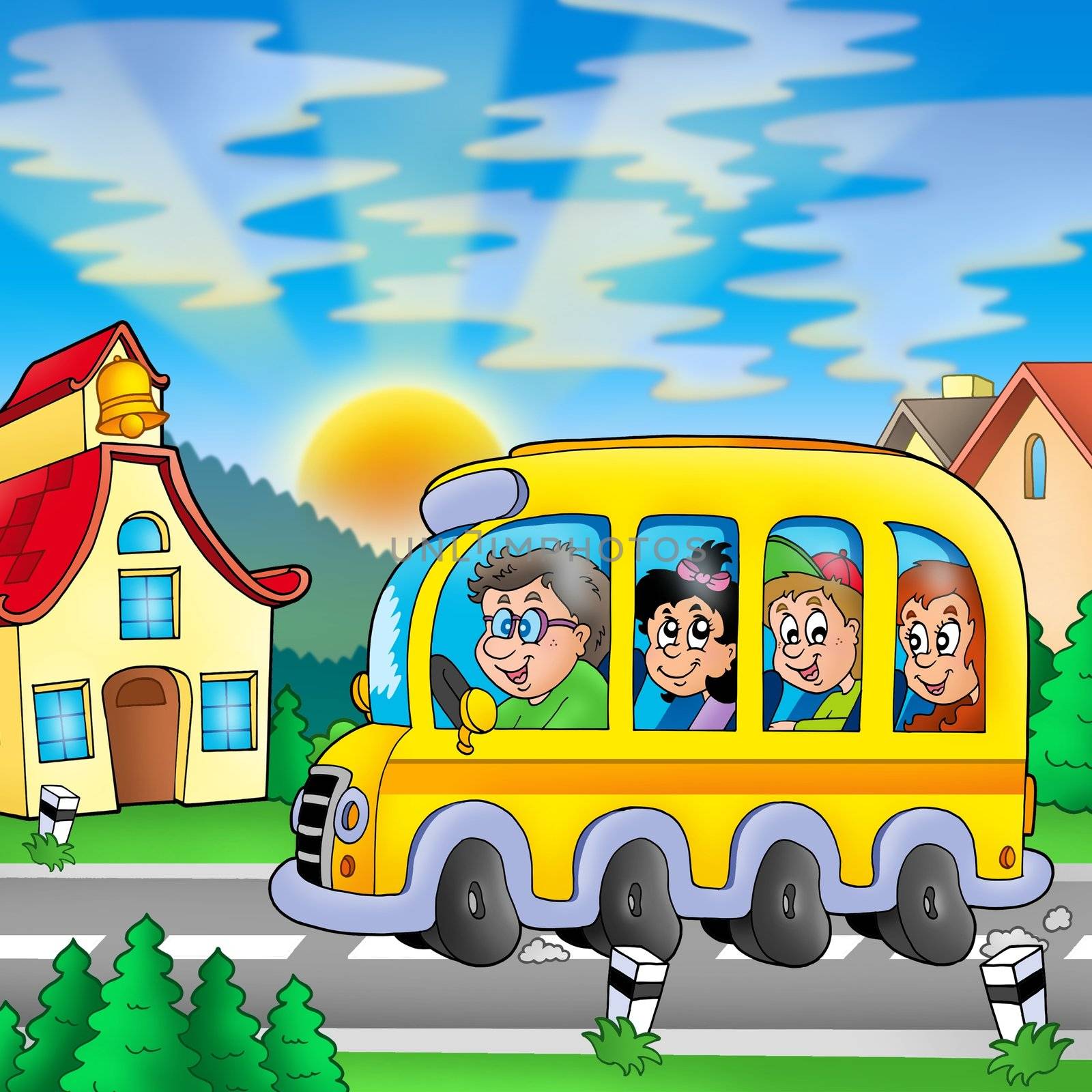 School bus on road - color illustration.
