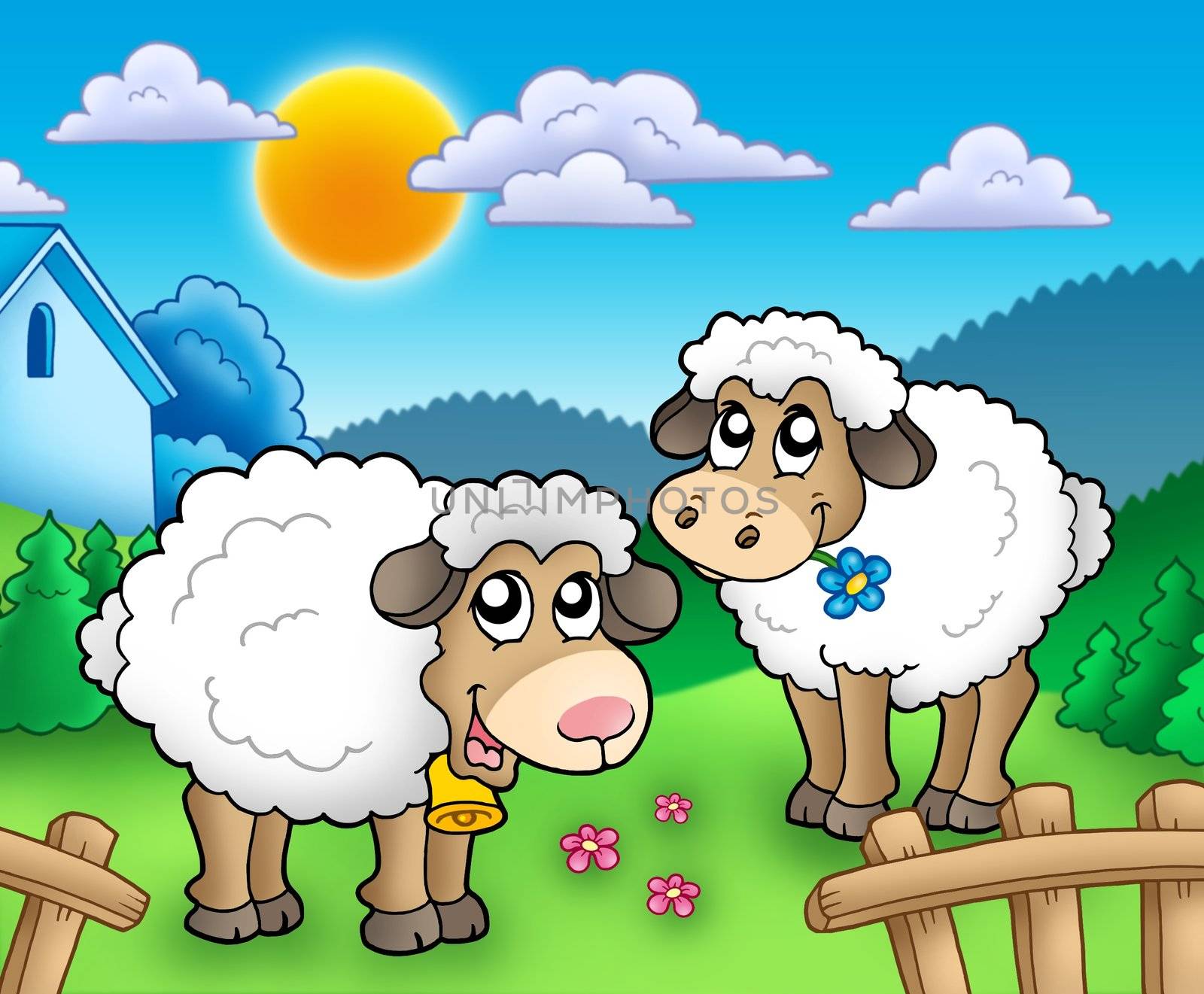 Two cute sheep behind fence - color illustration.