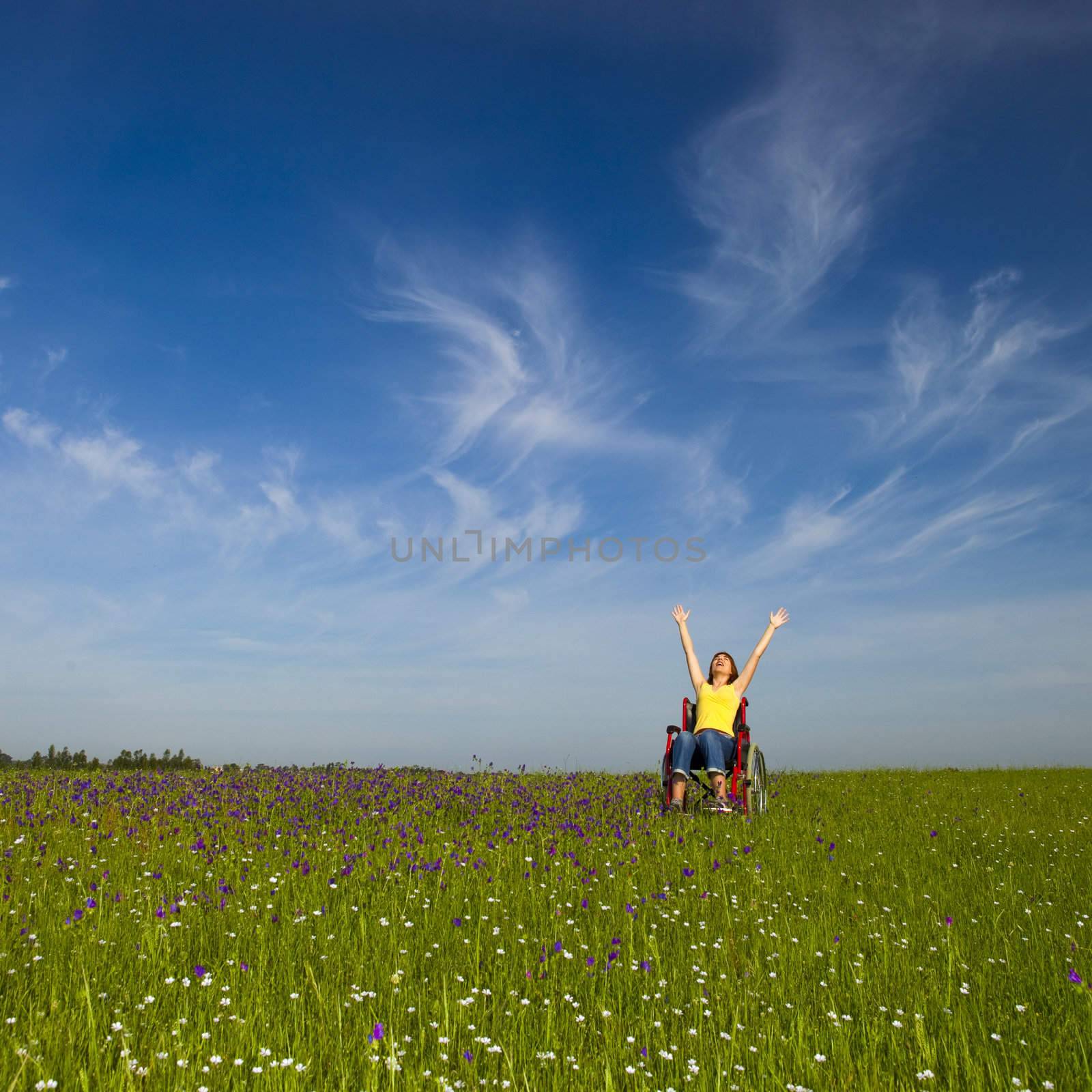 Happy handicapped woman on a wheelchair over a green meadow 