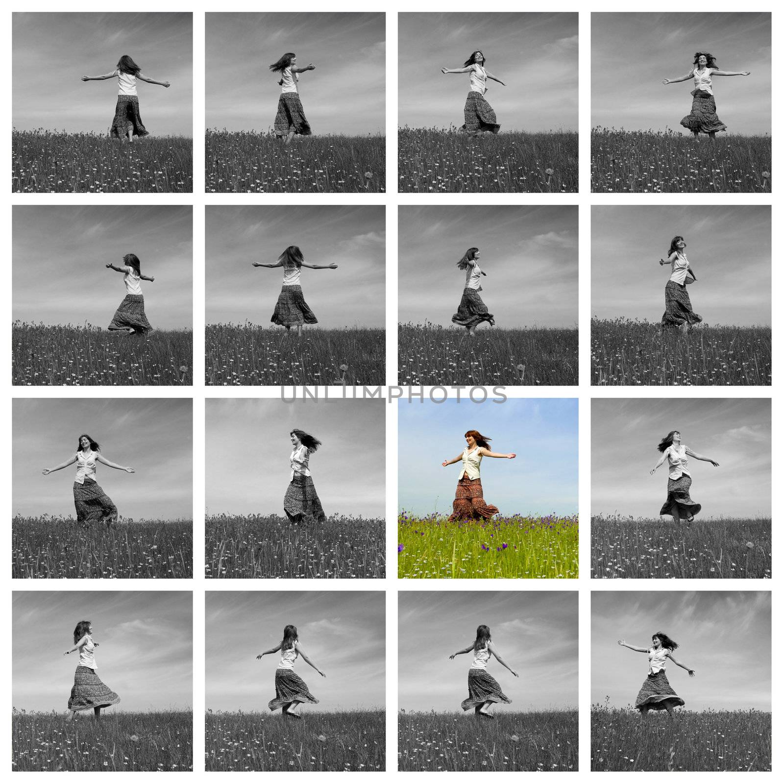 Picture collage of a young woman dancing in diferent positions 