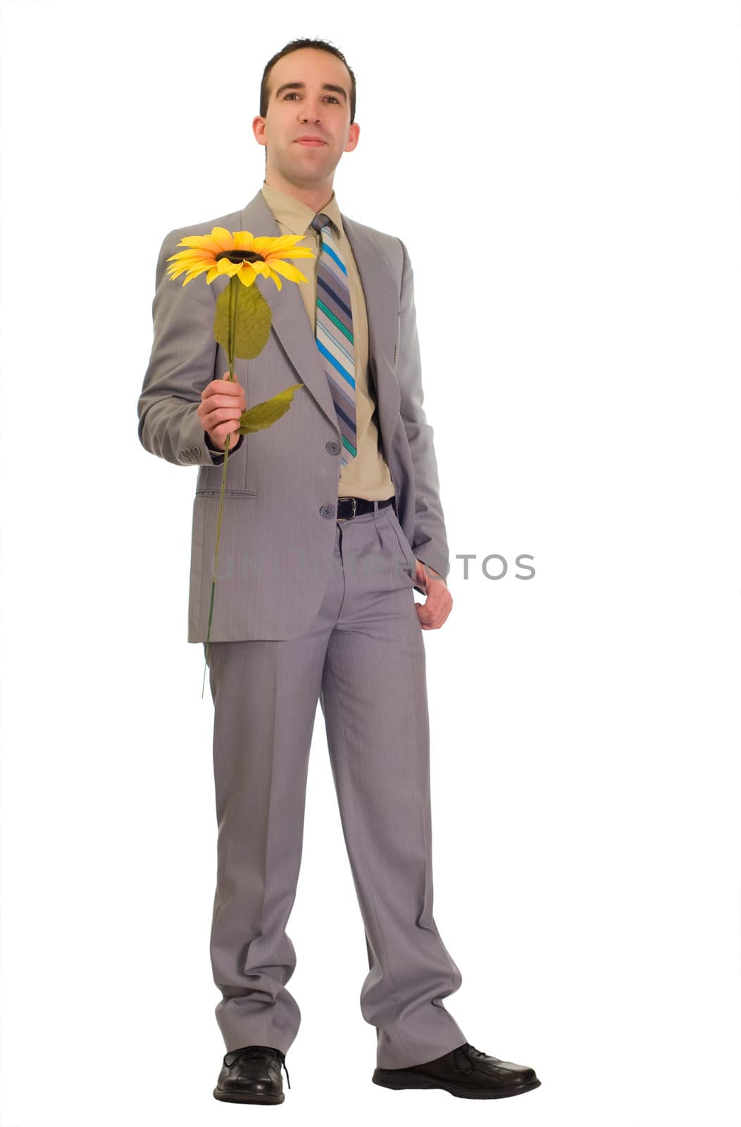 Full body view of a businessman holding a fake flower because he is too poor to buy real ones in a bad economy