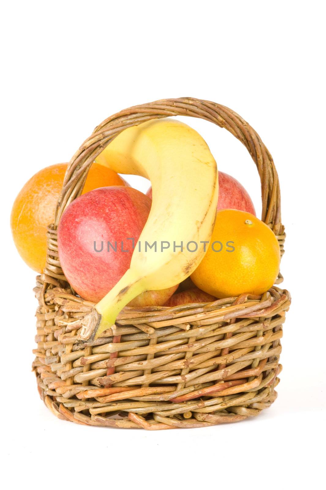 a basket with apples, mandarins, oranges and a bananas