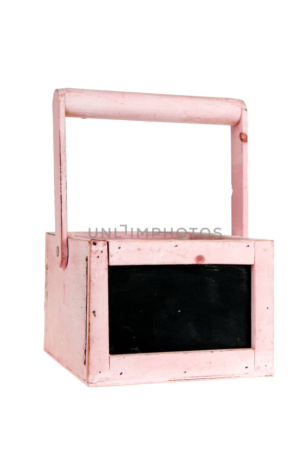 a pink wooden tray with a blackboard in the front