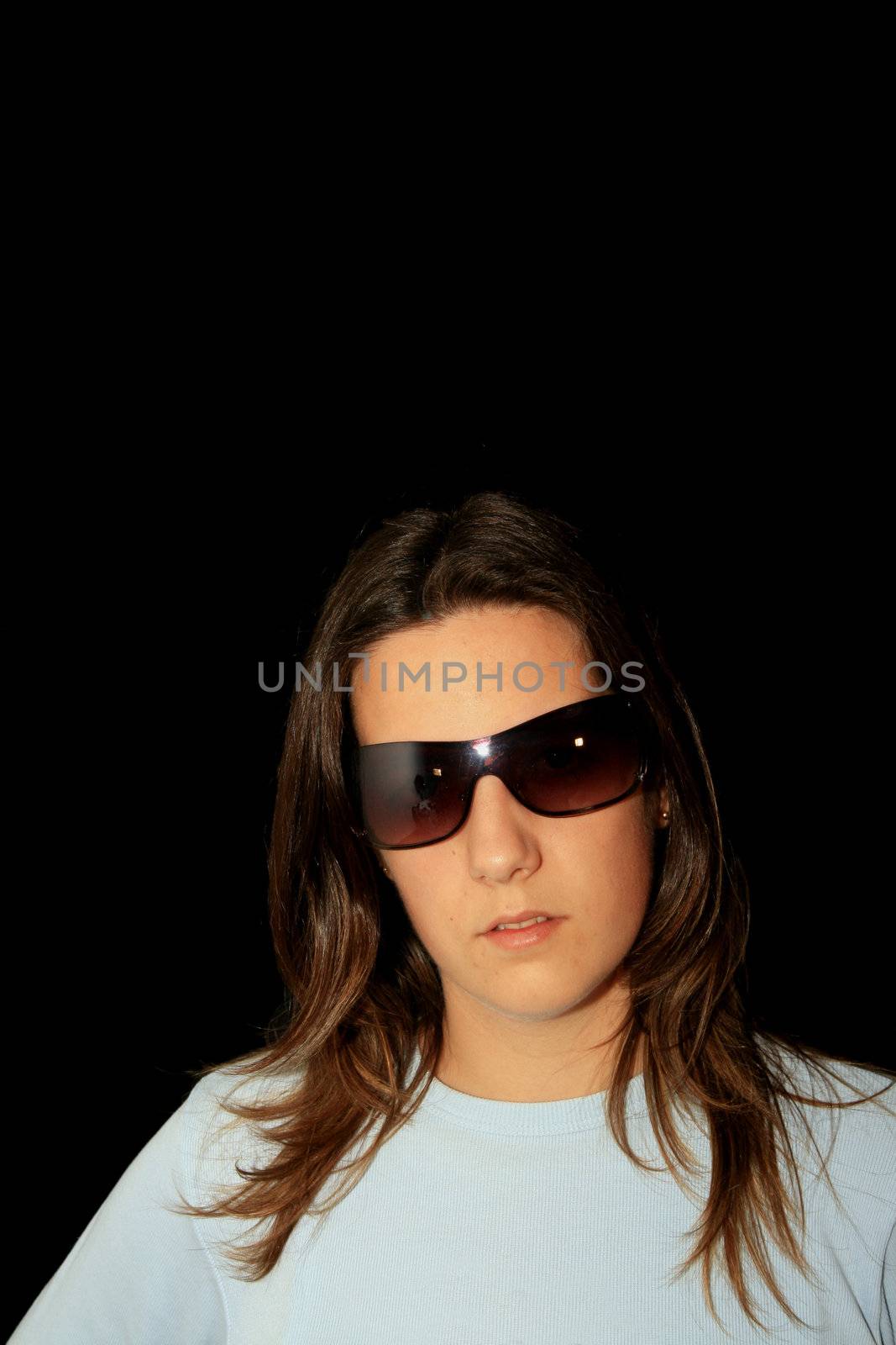 girl fashion glasses over black background