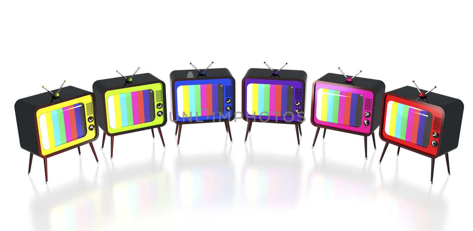 Set of colorful retro tv's arranged in row