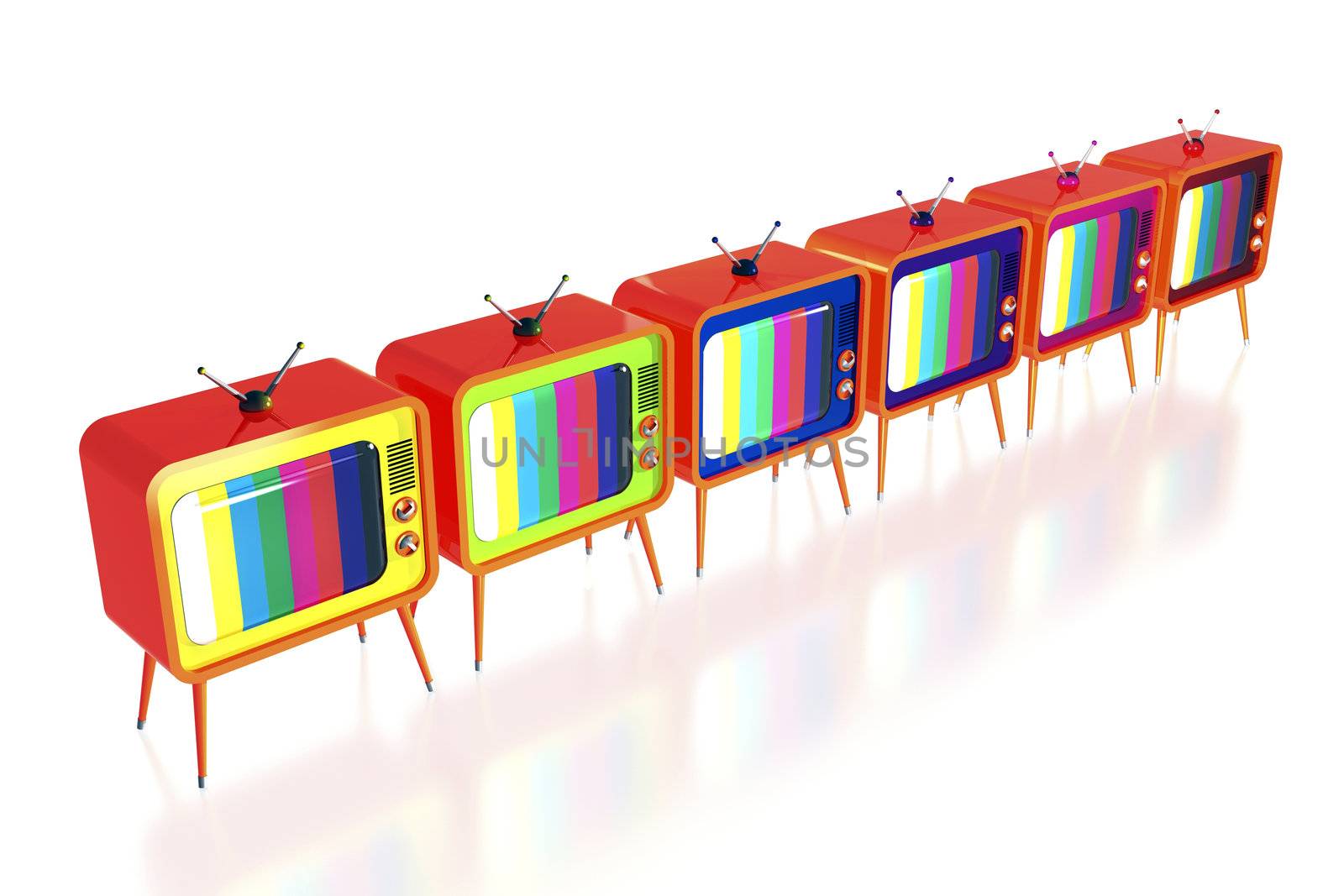 Set of orange retro tv's arranged in row