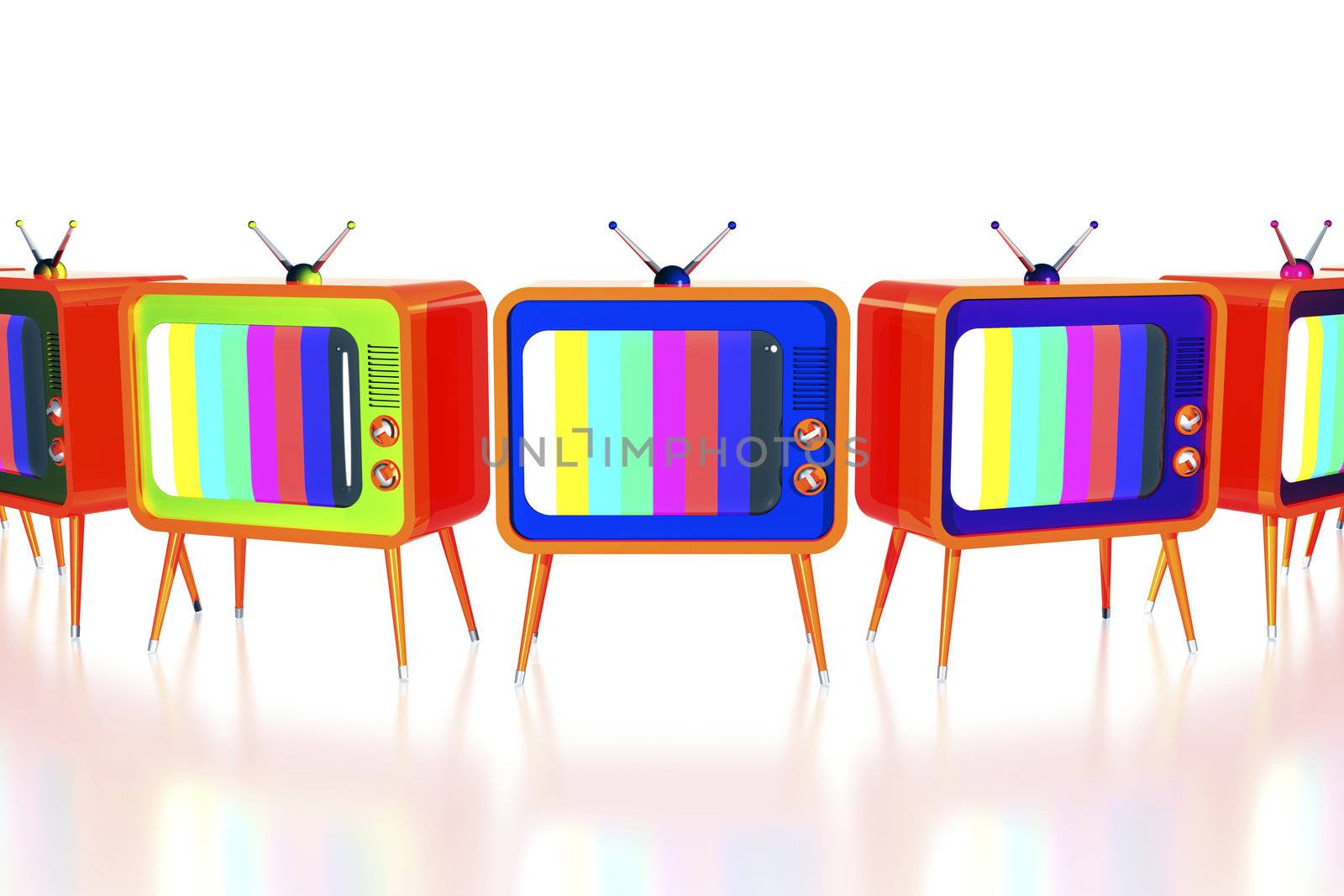 Set of orange retro tv's arranged in row