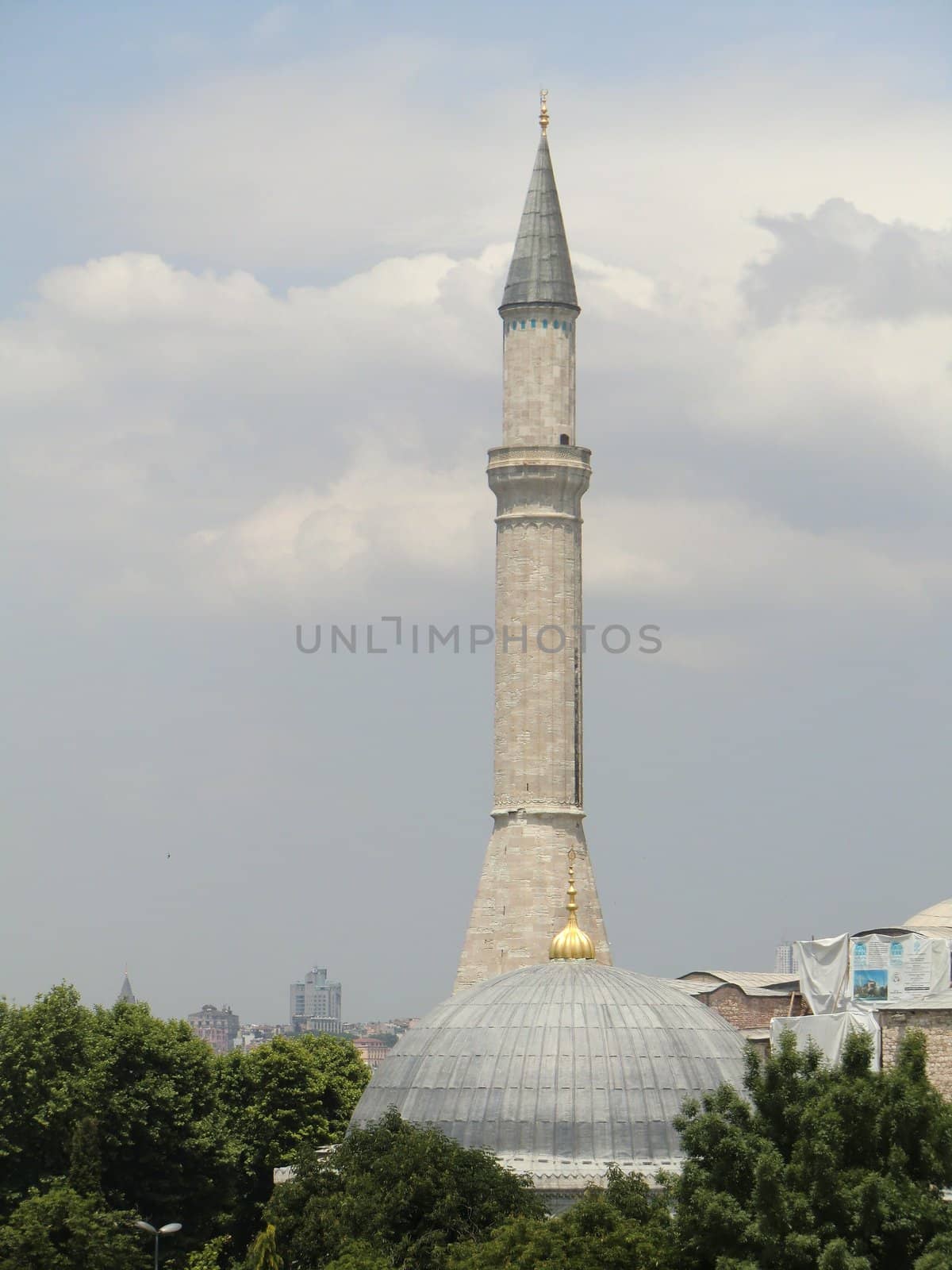 minaret against cloudy sky, cupula and trees in the foreground