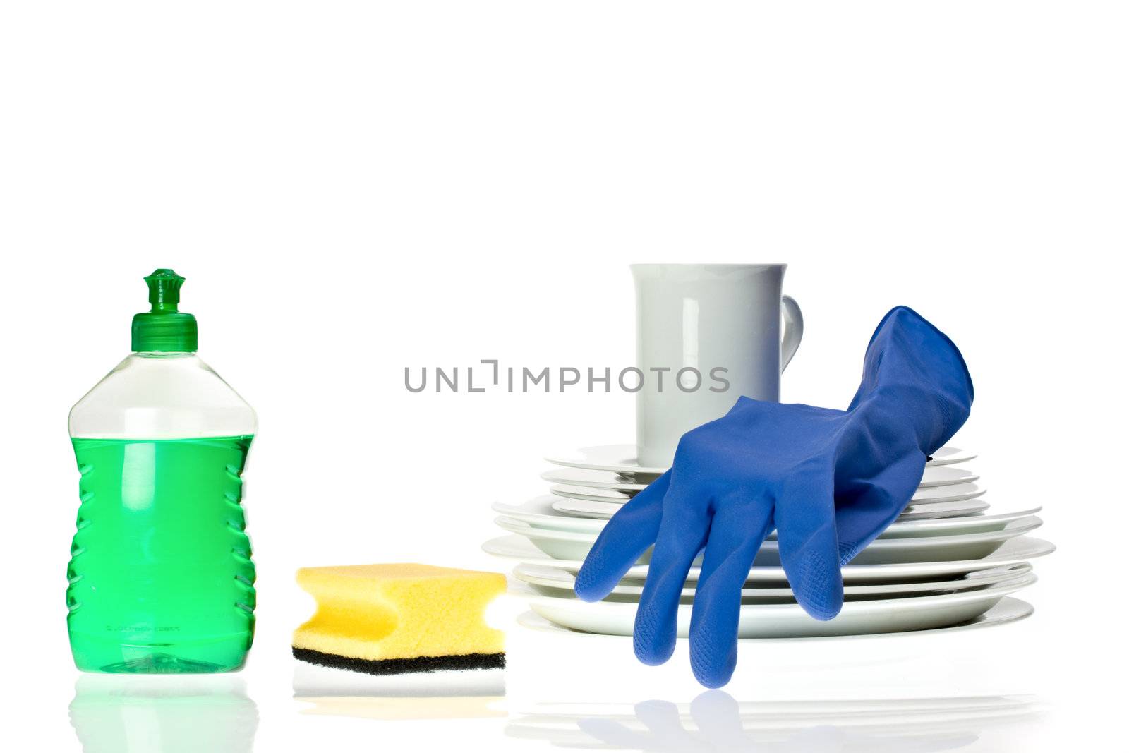 dinnerware and cleaning utensils isolated on white background