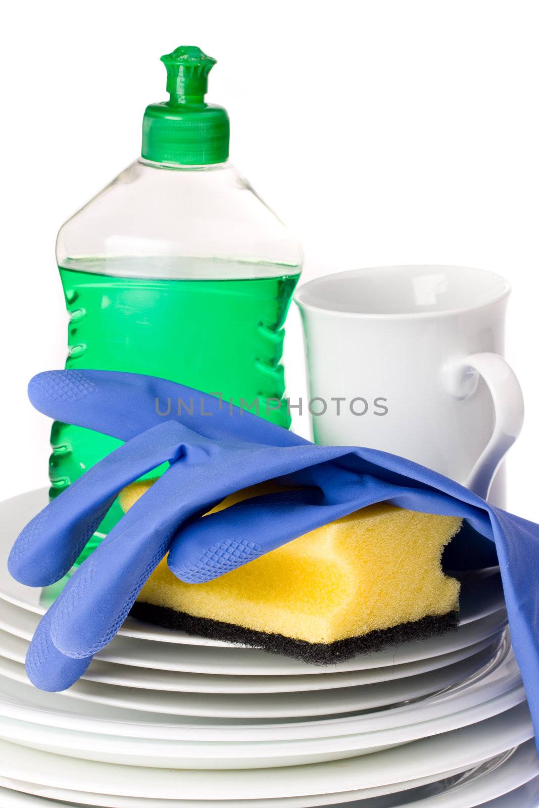 dinnerware and cleaning utensils isolated on white background