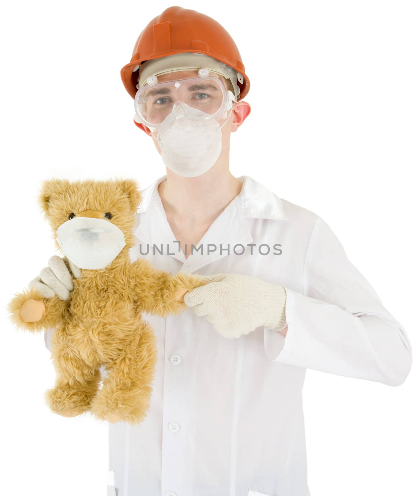 Scientist on the helmet with bear on a white background