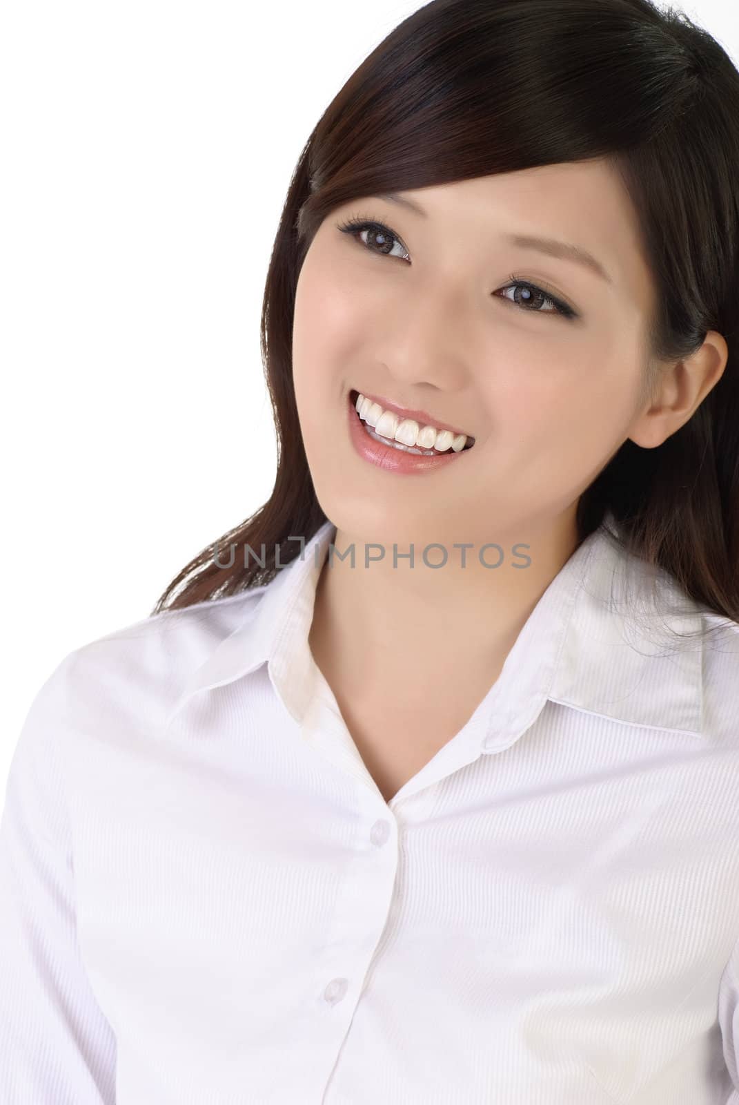 Happy smiling businesswoman face, closeup portrait on white background.