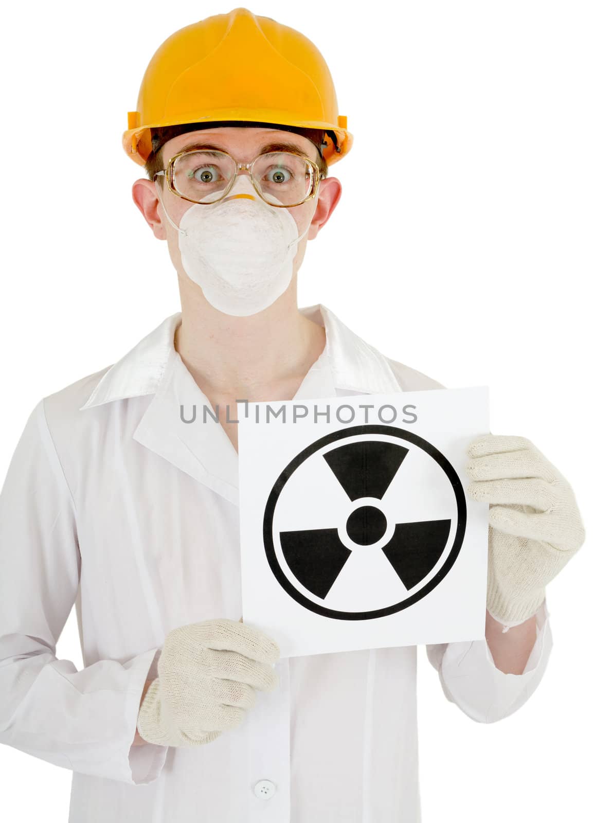 Scientist on the helmet with poster radiation on a white background